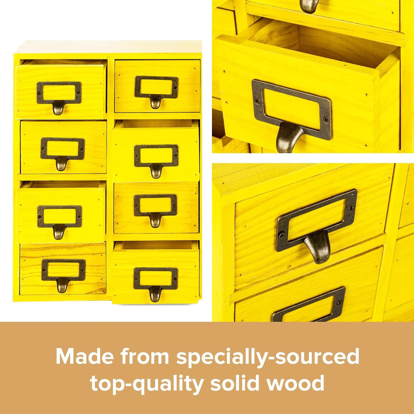 Yellow 16-Slot Wooden Drawer Unit - Country Style Desk Organizer - 20"x3.6”x14” Wooden Storage Box w/ 16 Drawers - Countertop Drawers w/Label Holder & Handle - Slim 4-Level Desk Organizer