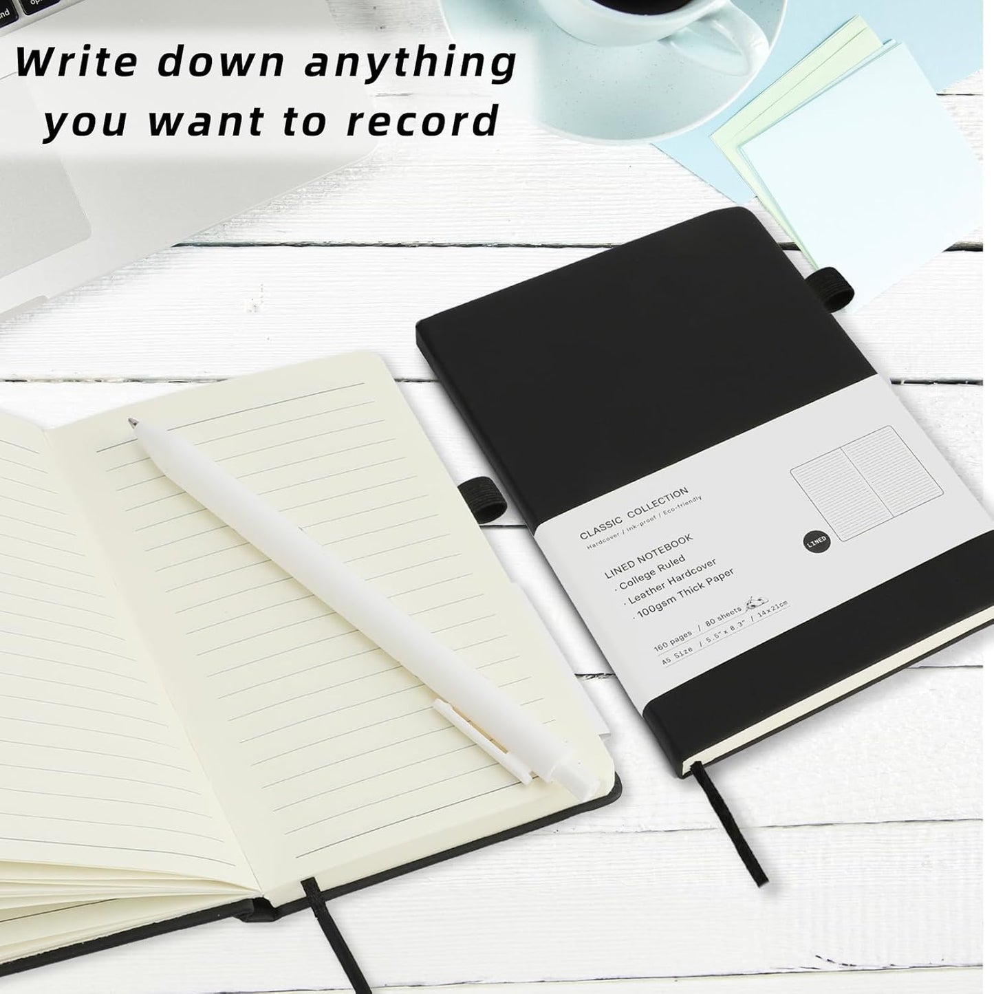 Coopay 6 Pack A6 Pocket Small Notebook with 6 White Pens Bulk Classic Hardcover Leather Journal Set with Pen Holder for Men Women Writing, Office, Home, School, Business, 100GSM, 3.5” x 5.5”, Black