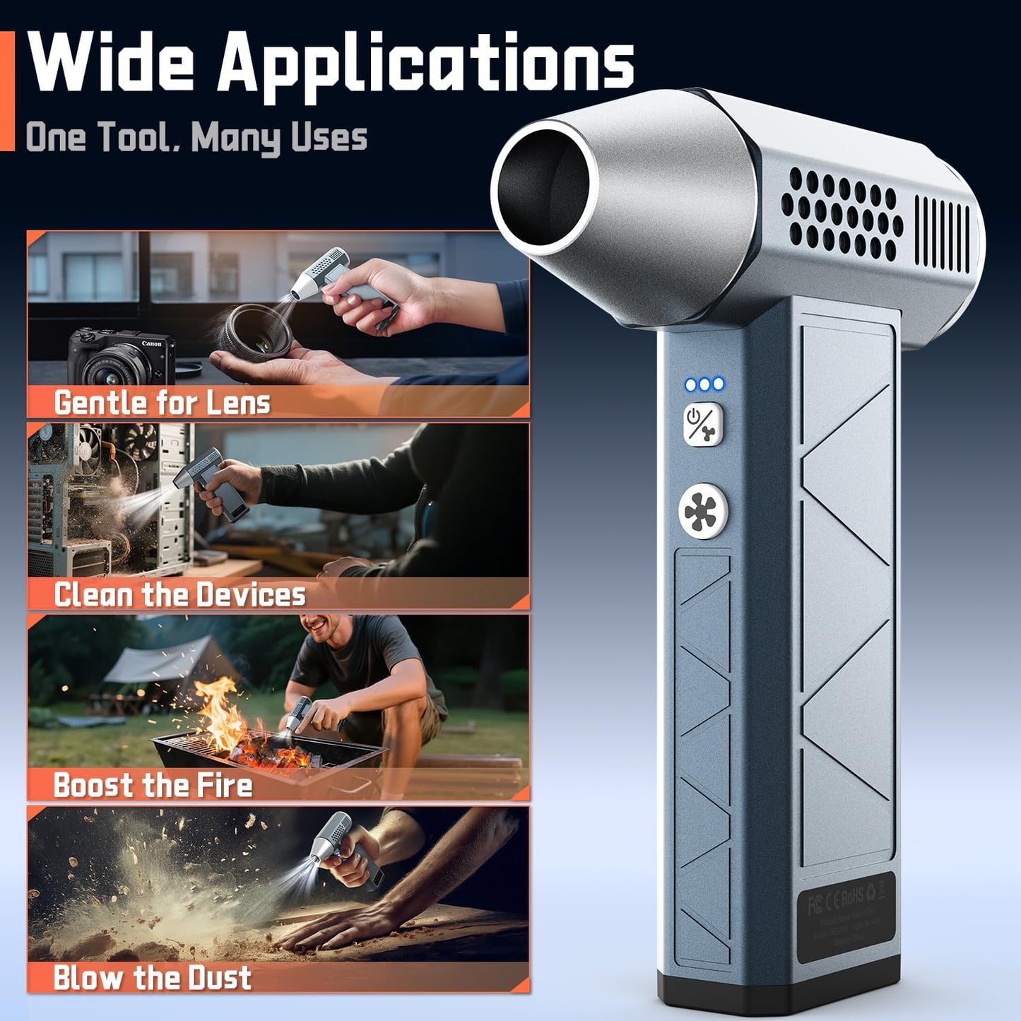 Compressed Air Duster, 360000RPM, 52m/s, Cordless Electric Air Duster with Flashlight, 4-Speed Adjustable Mini Air Blower Gun, USB-C Charging