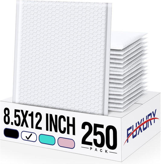 Fuxury 250 Pack White Bubble Mailers 8.5x12" Medium Opaque Bubble Envelopes Strong Adhesion Padded Mailer Thick Padded Envelopes Mailers for Small Business Mailing Books Clothes Makeup Supplies