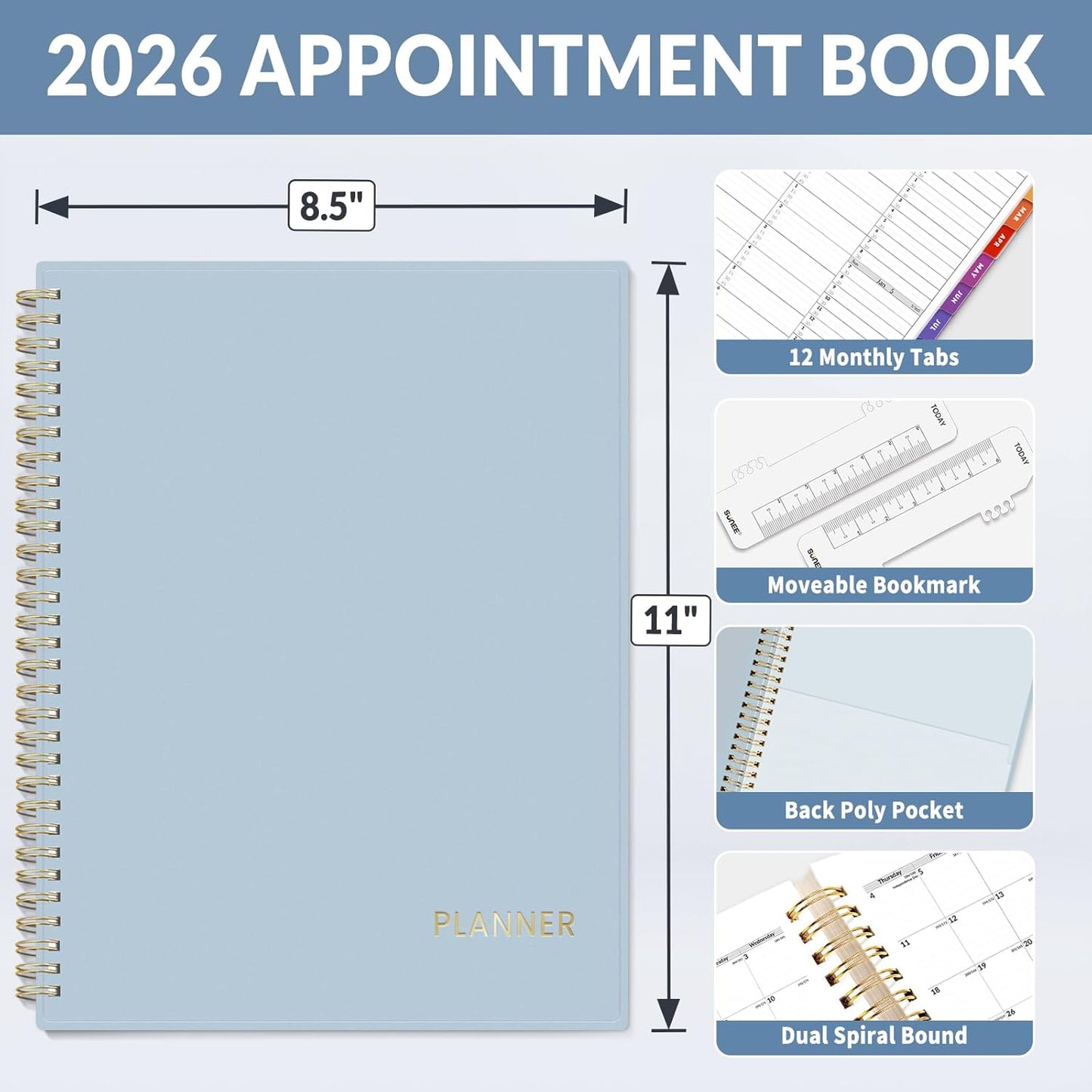 SUNEE 2026 Appointment Planner 15-Minute Time Block – Weekly & Monthly Spiral Organizer with Note Section – Thick Paper, Lay-Flat Bound – 8.5 x 11 for Office, School, Salon, Men & Women, Gray Blue