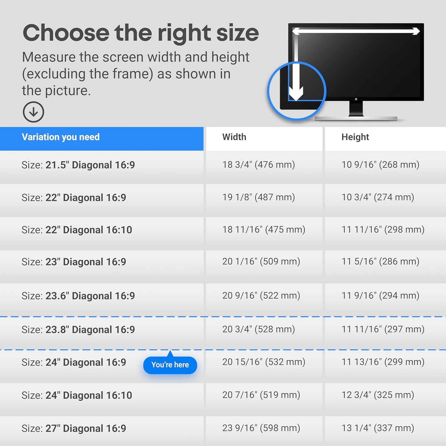 23.8 inch Anti-Glare Blue Light Blocking Screen Protector Panel for 16:9 Widescreen Computer Monitor and Laptop - PC Anti-UV Eye Protection Filter Film - Anti-Scratch Diagonal Frame Shield [1 Pack]