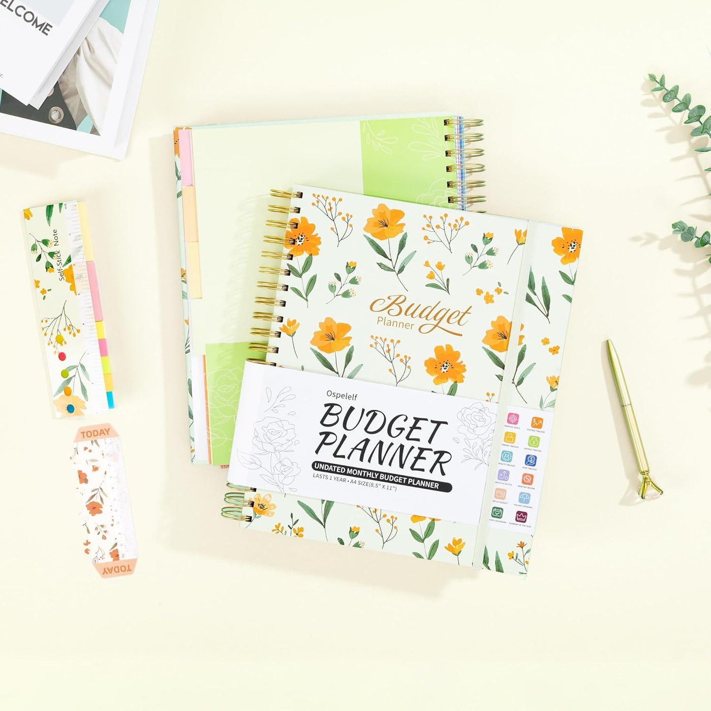 Ospelelf Budget Planner - Monthly Budget Book with Expense Tracker Notebook, Undated 12 Month Bill Organizer & Finance Planner, A4 Account Book with 12 Index Pockets, Zipper Pouch, Stickers Floral 1