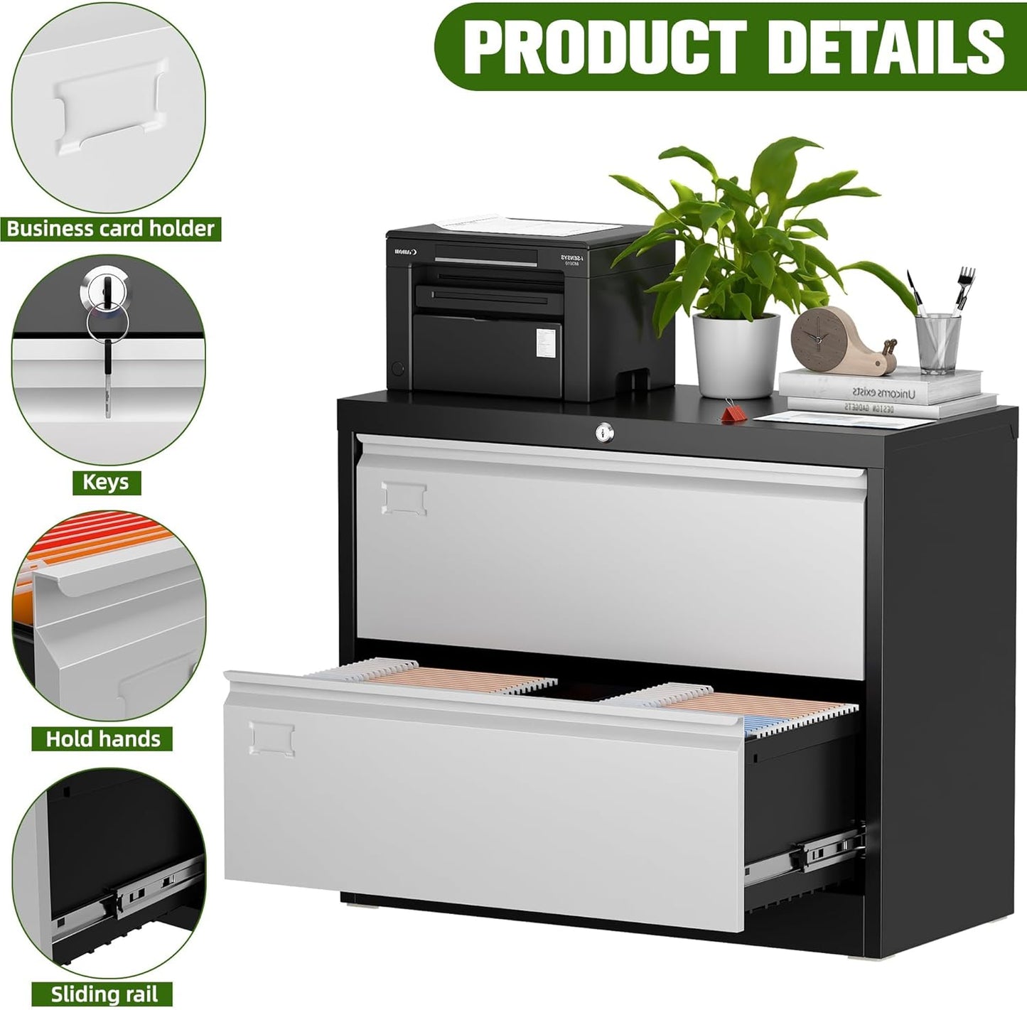 Aobabo 2 Drawer Lateral File Cabinet, Metal Filing Cabinet with Lock, Suitable for Home Office School Hanging Files Letter/Legal/F4/A4 Size,Multi,Required-Assembly