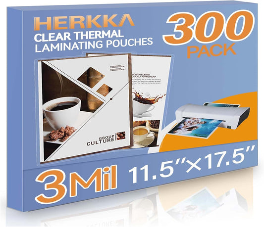 HERKKA 300 Pack Laminating Sheets, Hold 11 x 17 Inch Sheet, 3 Mil Clear Thermal Laminating Pouches 11.5 x 17.5 Inch Lamination Sheet Paper for Laminator, Round Corner