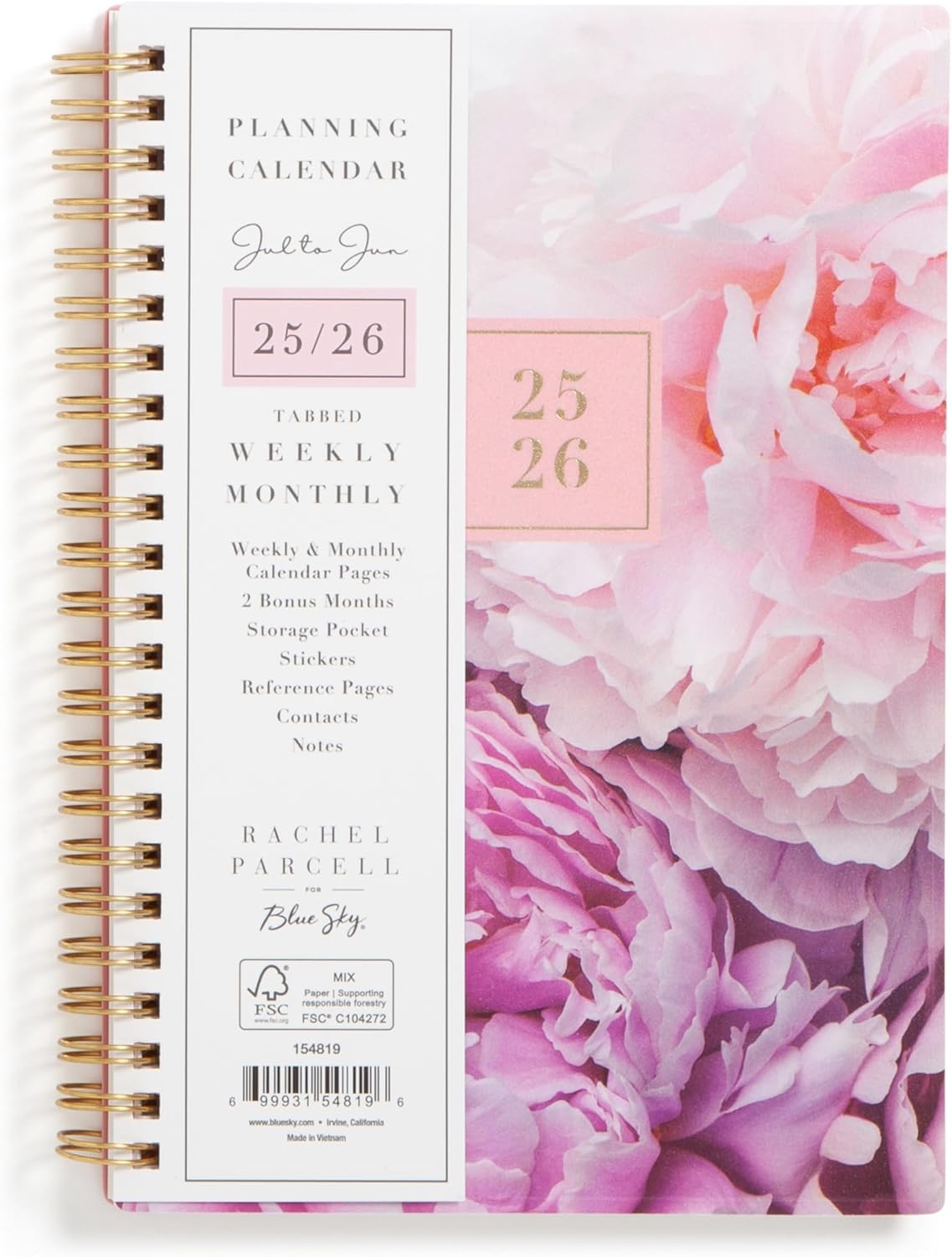 Blue Sky Rachel Parcell 2025-2026 Weekly and Monthly Academic Year Planner Calendar, July 2025 - June 2026, 5" x 8", Flexible Cover, Wirebound, Laminated Tabs, Storage Pocket, Includes Stickers, Peony