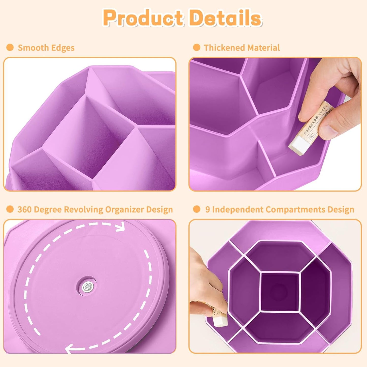 Pencil Pen Holder for Desk,9 Slots 360 Degree Rotating Desk Organizers,Desktop Storage Stationery Supplies Organizer, Cute Pencil Cup Pot For Office, School, Home(Purple)