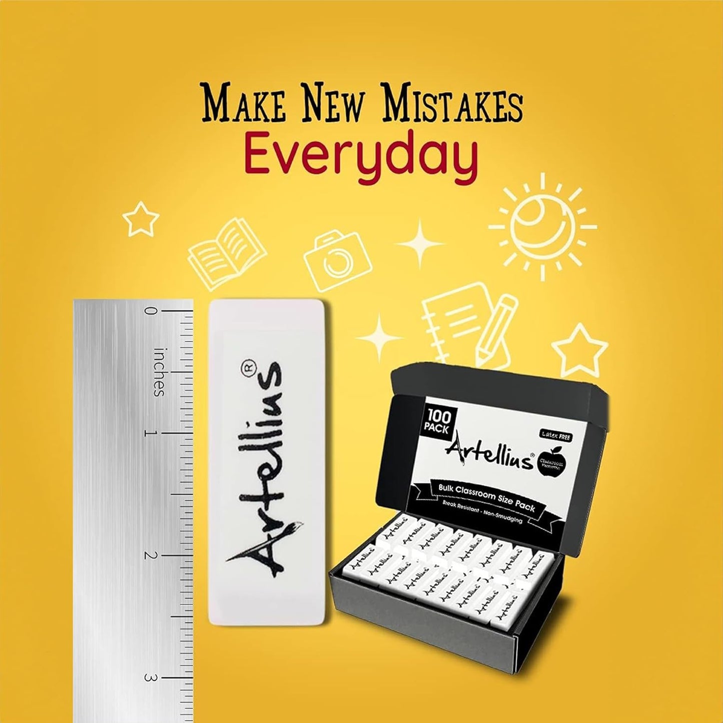 Artellius Erasers - 100-Pack, White, Latex-Free Rubber Blocks - Bulk White Erasers for School, Classroom & Kids - Smudge-Free Erasing for Drawing, Art, Office, Teacher & School Supplies