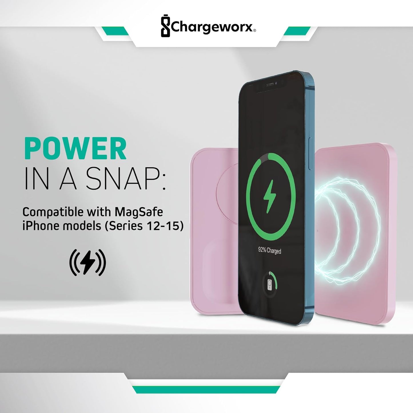 CHARGEWORX 3-in-1 Wireless Charger, Foldable Magnetic Charging Station with 15-Watt Fast Charging, Compatible with iPhone, Samsung, and Other Phones, Smartwatches, and Headphones, Pink
