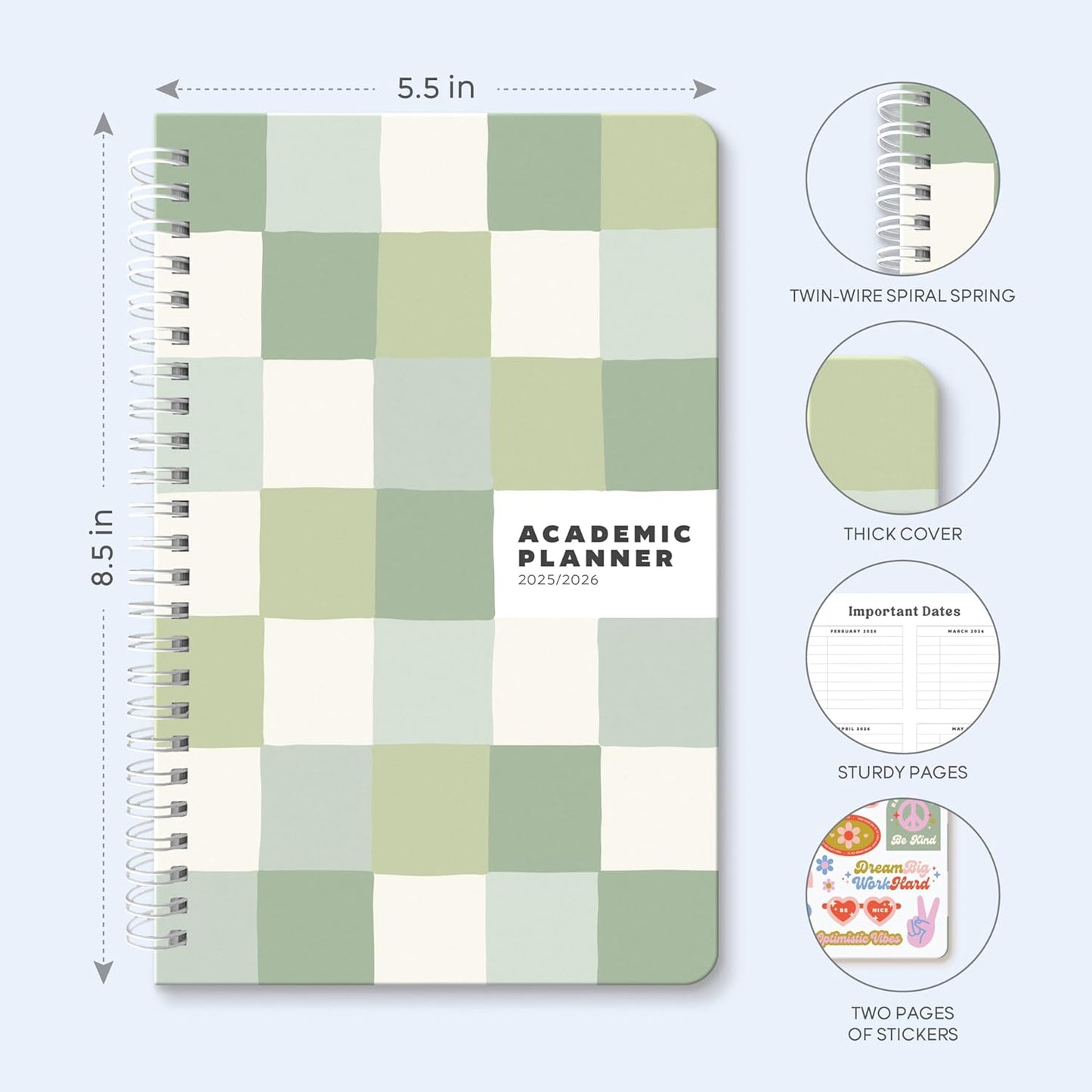 Sweetzer & Orange Academic Planner 2025-2026 – Student Planner for August 2025 to July 2026 – Weekly & Monthly Layout – Sturdy Cover & Stickers – Checkered Green Design – 5.5” x 8.5”