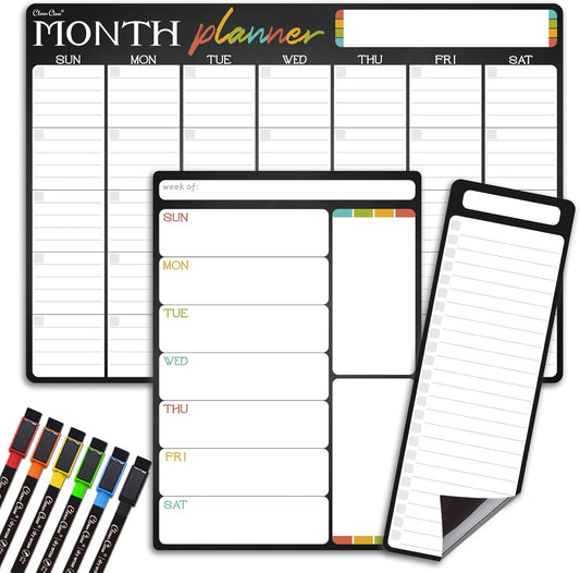 Magnetic Dry Erase Monthly Calendar Set - 17"x12" Monthly and 8.5"x12" Weekly Calendar, 4"x12" List Board for Fridge - 6 Extra Fine Point Dry Erase Markers Included - Shipped Flat