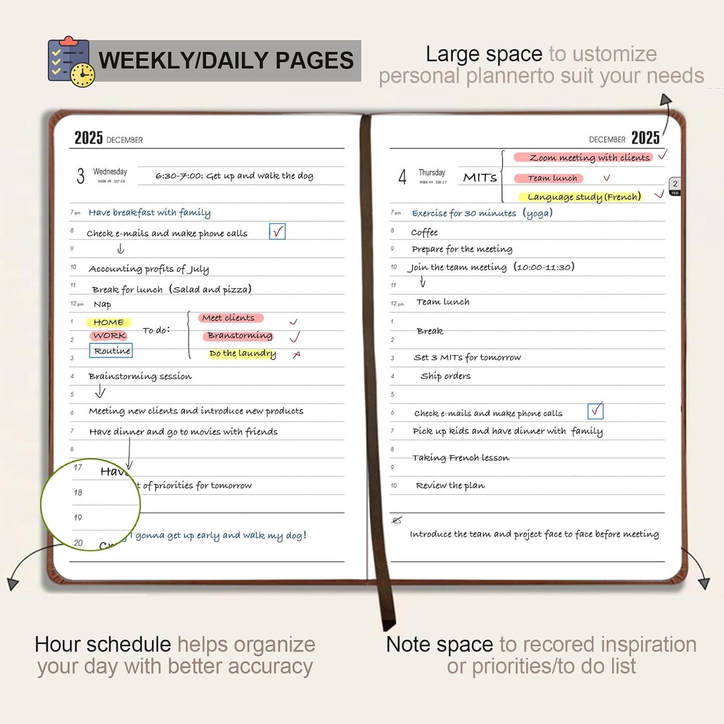 Benkaim Academic Daily Planner 2025-2026 One Page A Day (8.5"x5.8"), Calendar Book with Hourly Schedule, Appointment Book July 2025 to June 2026 Hard Cover (Black)