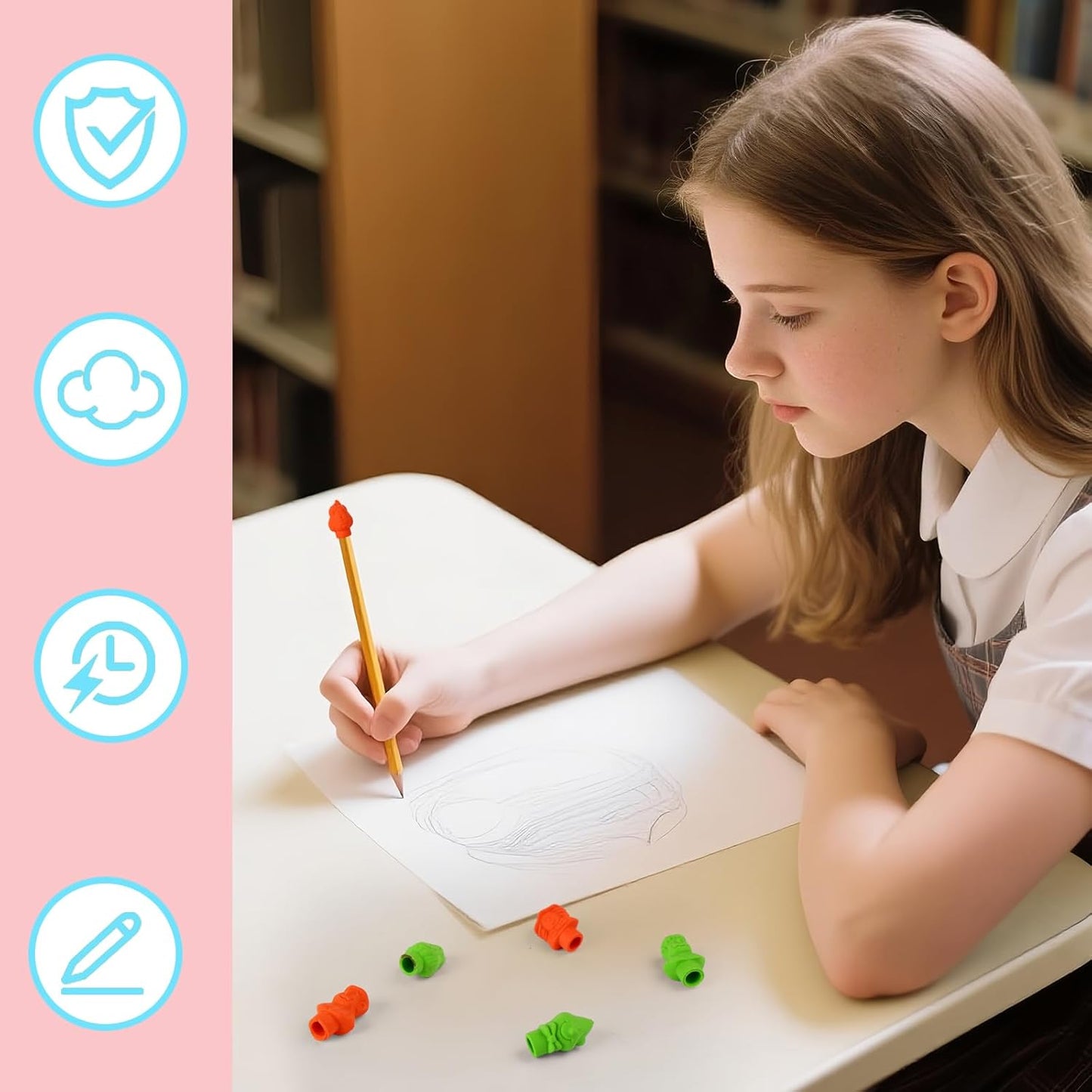 18 Pcs Pencil Cap Erasers, Assorted Tri Color Eraser Toppers for Homework, Drawing Desk Organization