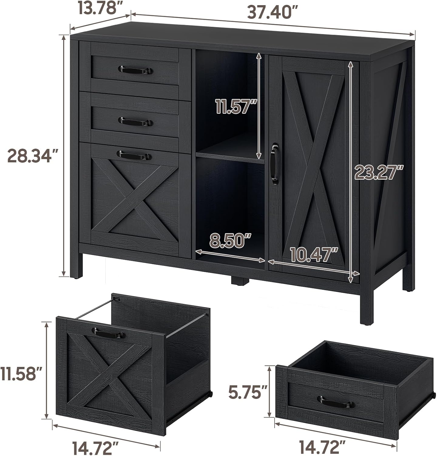 Lateral File Cabinet with 3 Drawers and Door, Farmhouse File Cabinet with Adjustable Shelf for Letter/A4 Size Hanging Files, Printer Stand with Storage Cabinet for Home Office Furniture, Black