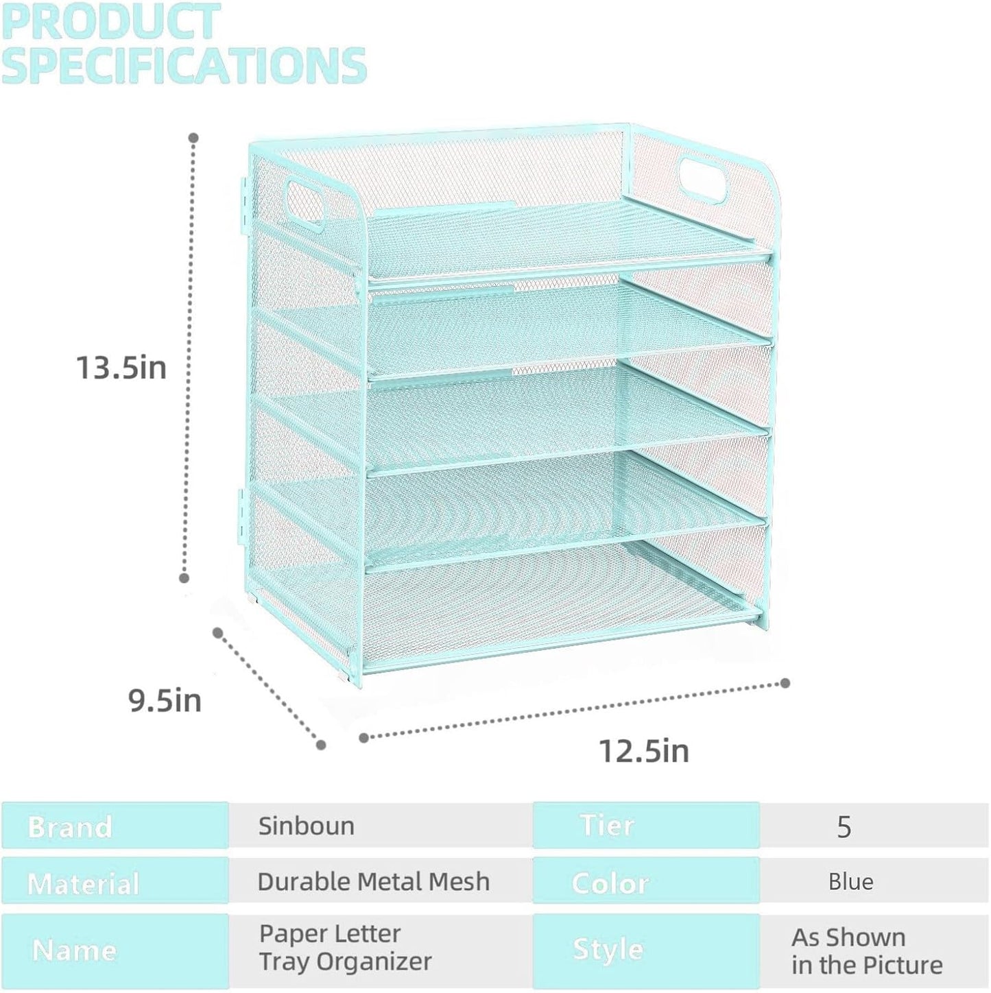 Letter Tray Paper Organizer 5-Tier Desk Organizer File Organizer Paper Holder with Handle, Metal Desktop Document Shelf Tray Office Classroom Organization - Blue