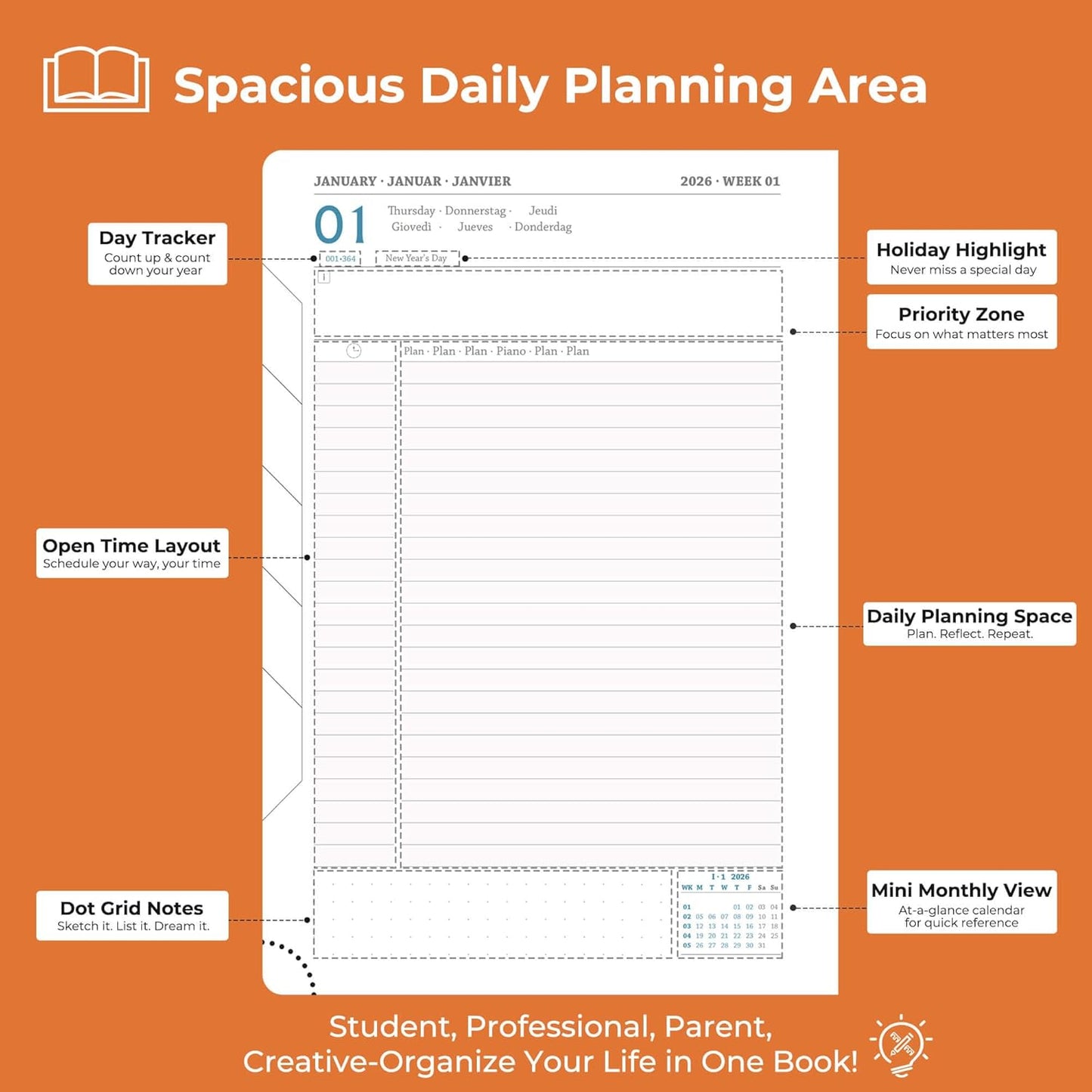 Daily Planner 2026 with One Page Per Day,(A5-8.5" x 5.9"),12 Months Calendar Hourly Appointment Book Monthly Tabs & Self-adhesive Pen Holder,Inner Pocket, Vegan Leather Hardback,Orange