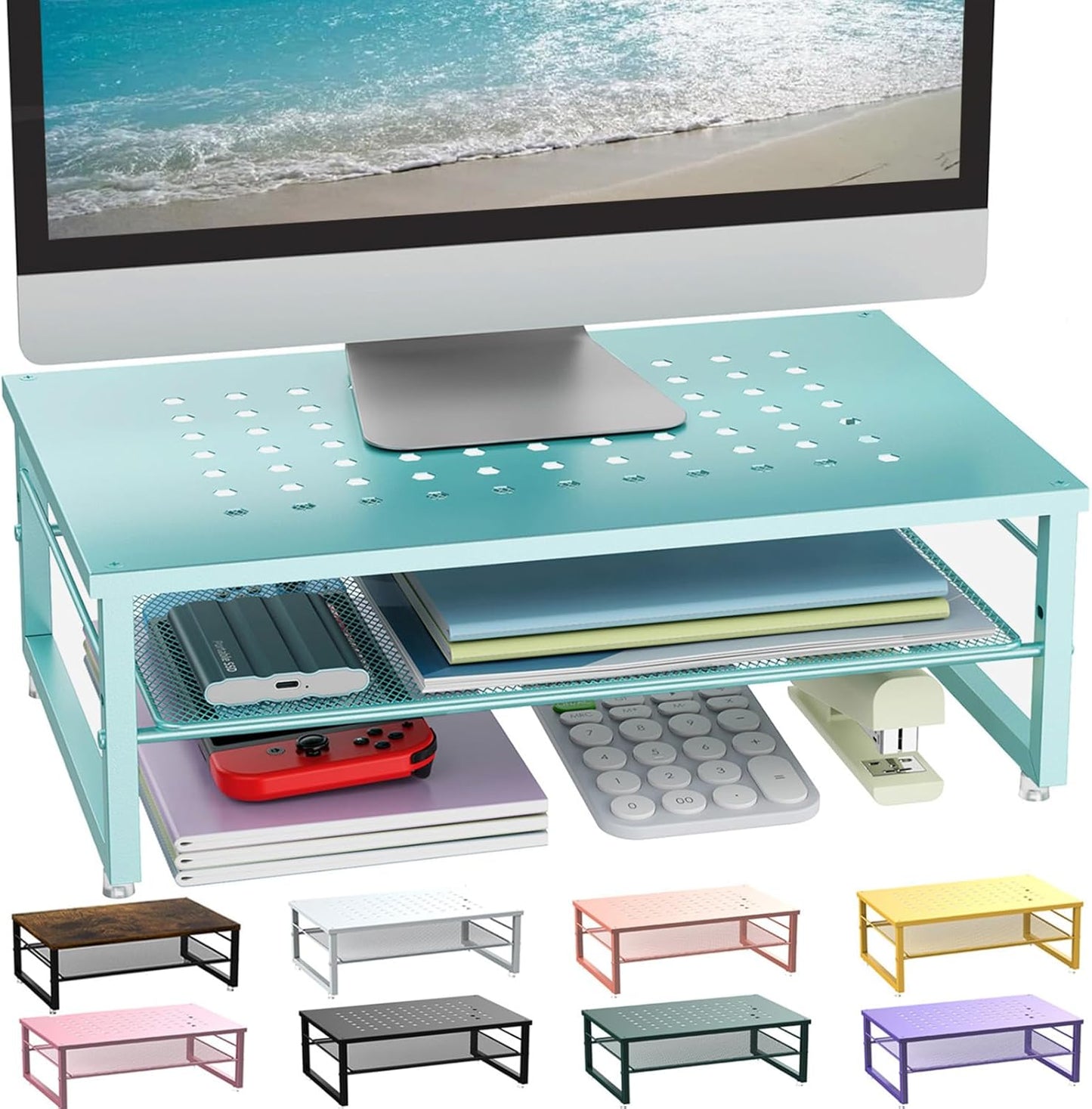 gianotter 2-Tier Metal Monitor Stand Riser, Desk Organizer for Monitor, Office Desk Storage Organizer for Office Supplies (Blue)