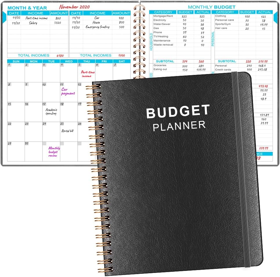 Budget Planner - 8" x 9.5" Monthly Budget Book with Expense Tracker Notebook, 2023-2024 Budgeting Book and Financial Planner to Control Your Money. Large Size, PU Leather, Black
