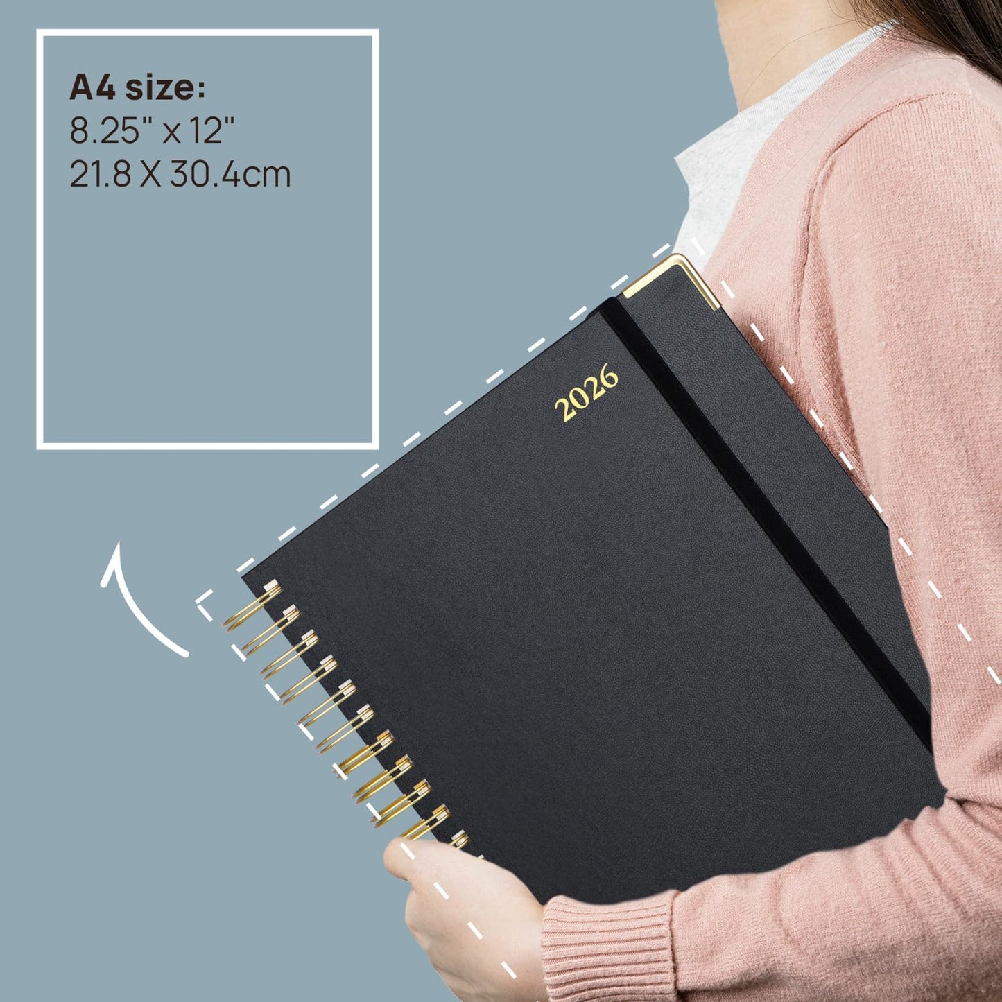 POPRUN 2026 Daily Planner One Page A Day - [A4 Large Size 8.5" x 12" -Spiral Hard Cover], Agenda 2026 Hourly Appointment Book with Monthly Calendar, Pen Holder, Ivory Paper - Pacific Green