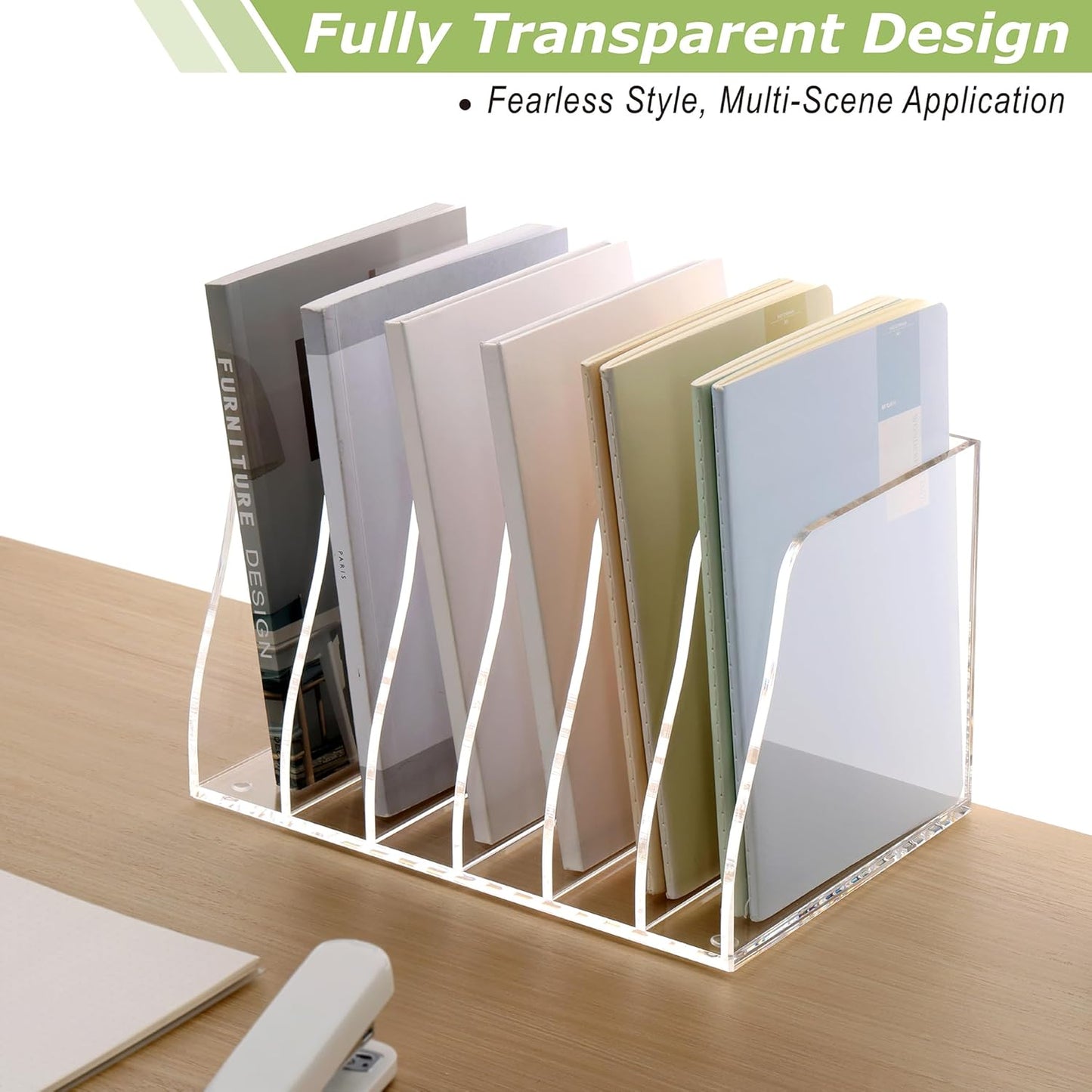 SANRUI Acrylic Desk File Organizer, 6 Vertical Compartments Clear Magazine File Holder Workspace Sorters, Folder Rack for Office Accessories Organization Storage