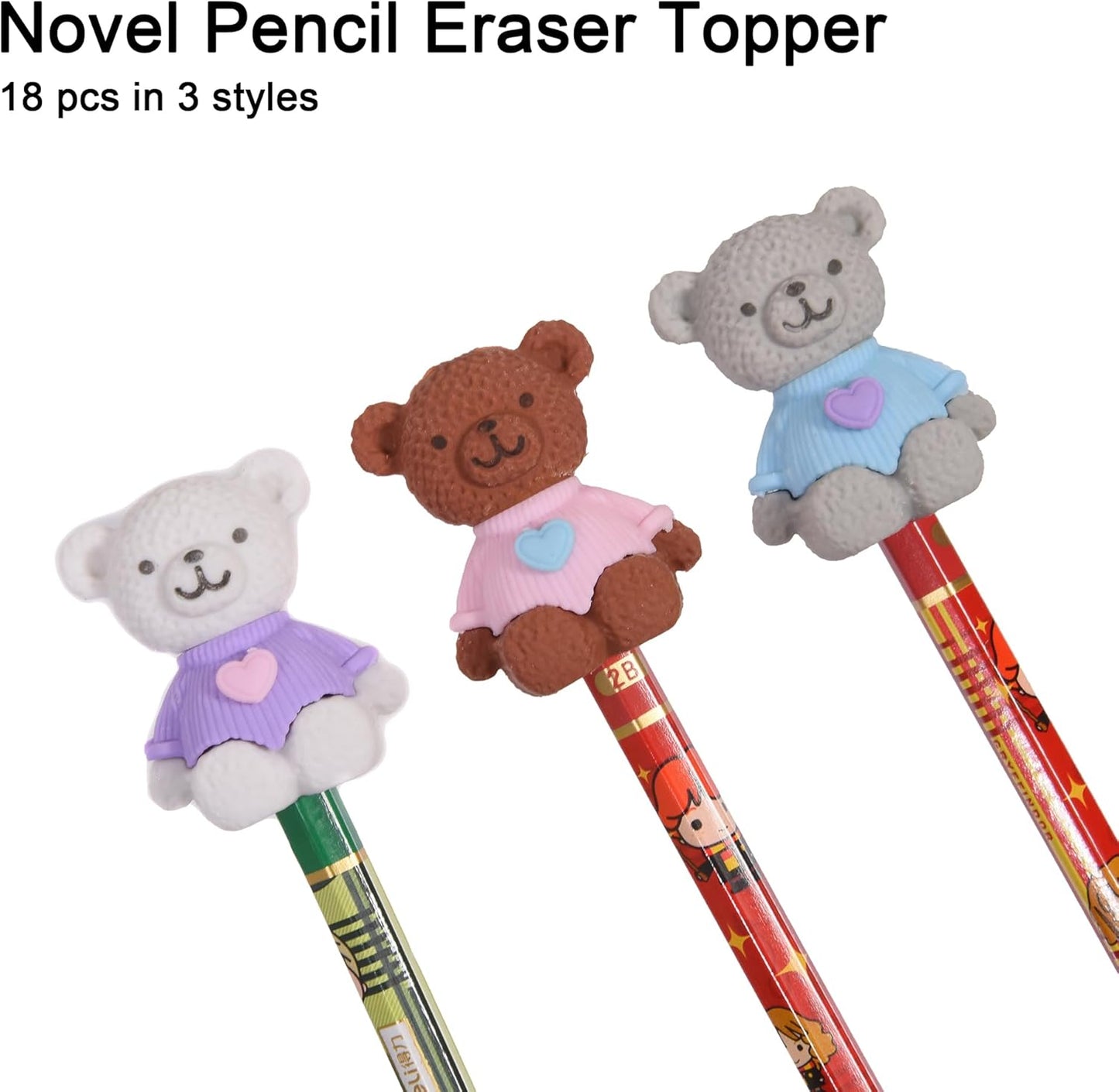 18Pcs Pencil Top Erasers for Kids, 3D Cute Bear Pencil Toppers, Bulk Fun Pencil Cap Easters for School Classroom Supplies Prize Gifts Party Favors