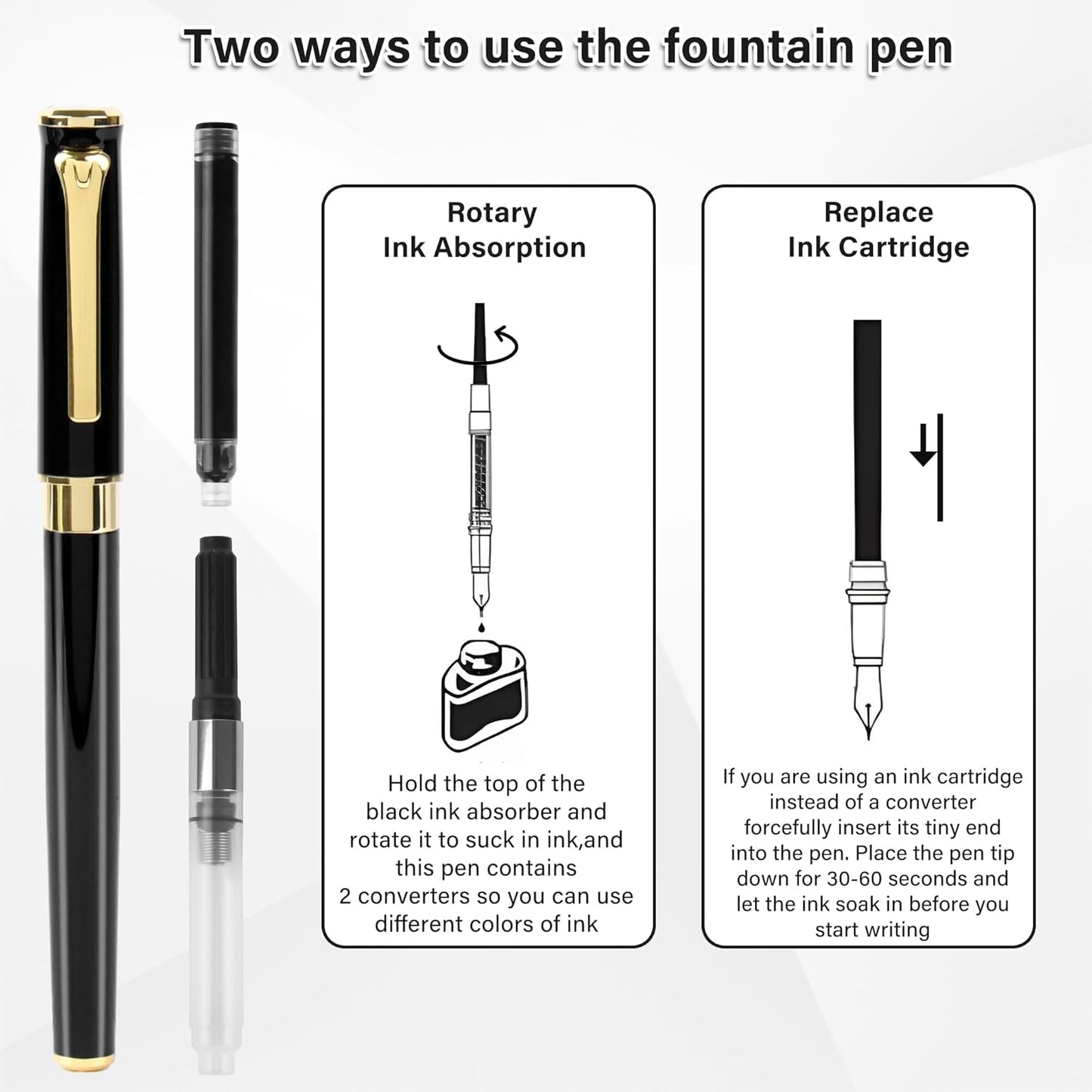 Black Fountain Pen Set, Medium Nib, Includes 10 Ink Cartridges, 2 Ink Refill Converter and Premium Gift Box, Luxury Pen Perfect for Men and Women