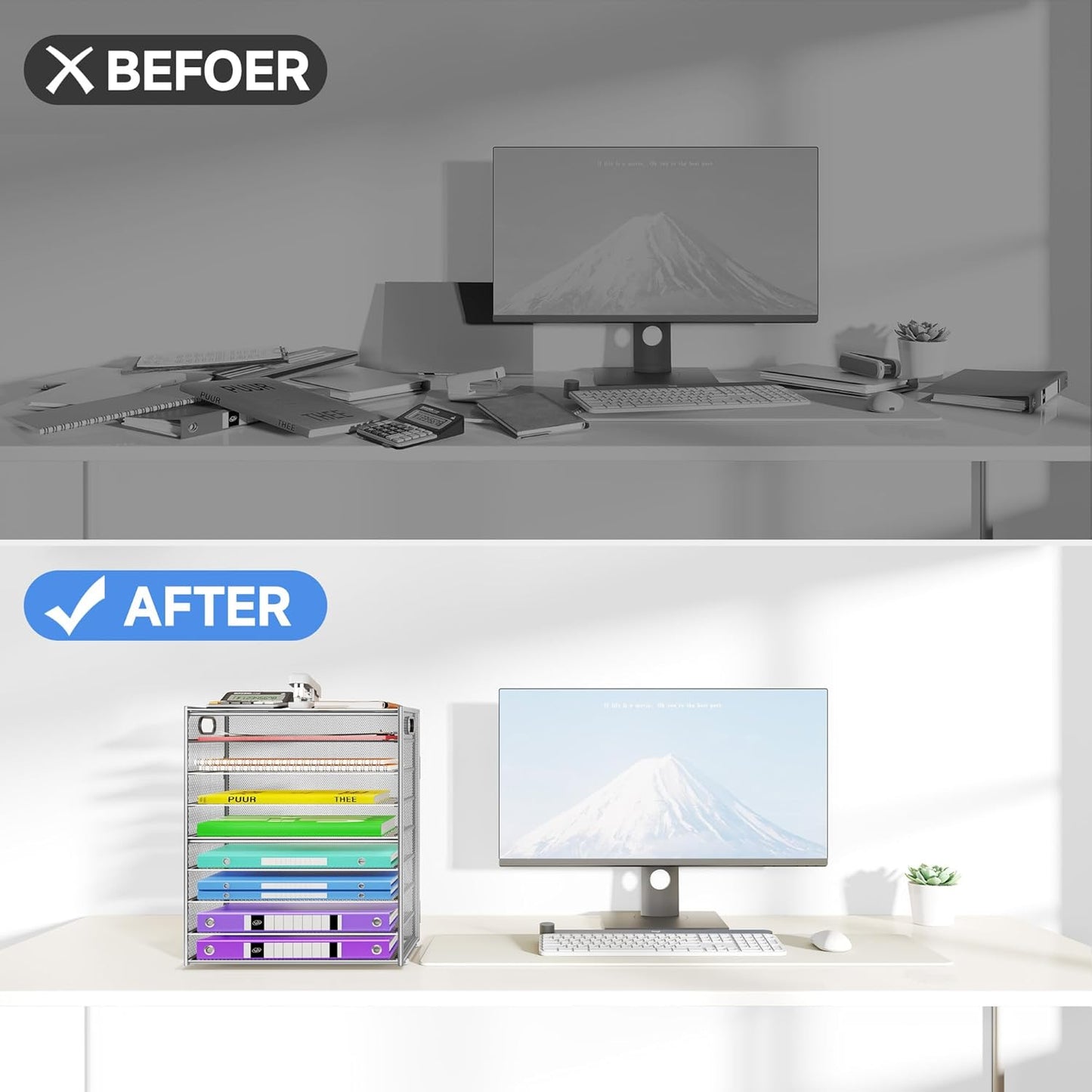 9 Tier Paper Organizer with Handle, Large Capacity Desk Organizer Mesh Paper Letter Tray File Folder Document Sorter for Classroom and Office Accessories Organization- Silver (2 Pack)