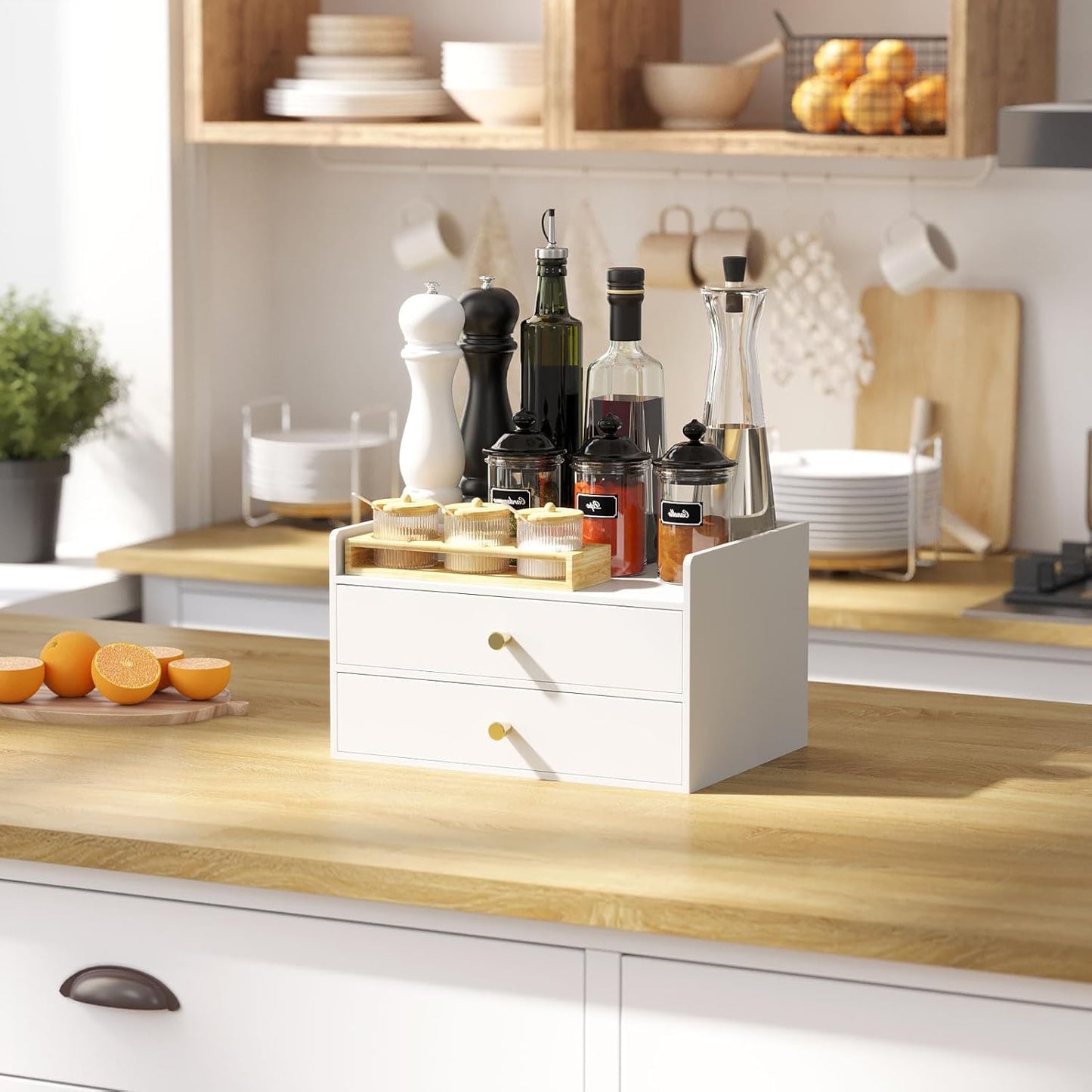 Bamboo Desk Organizer with Drawers Wooden Desktop Storage Organization Box for Bills Office Supplies Kitchen Utensils Organizing Tool for Home Classroom Vanity, No Assembly Required (2 Drawers, White)