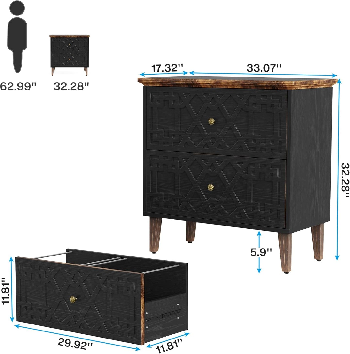 LITTLE TREE 2-Drawer File Cabinet, Lateral Filing Cabinet for A4/Letter/Legal Size, Office Storage Cabinet, Printer Stand with Storage Drawer for Home Office, Black