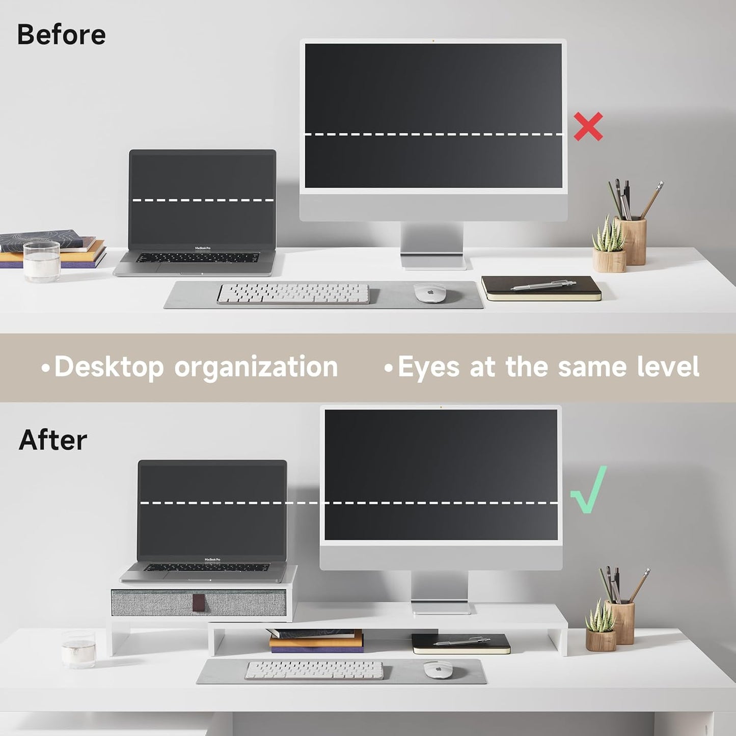 Fenge Computer Monitor Riser Stand with Drawer for 2 or 3 Monitors ,Adjustable Length and Angle Desktop Laptop Stand,Office Organizer,Printer,White