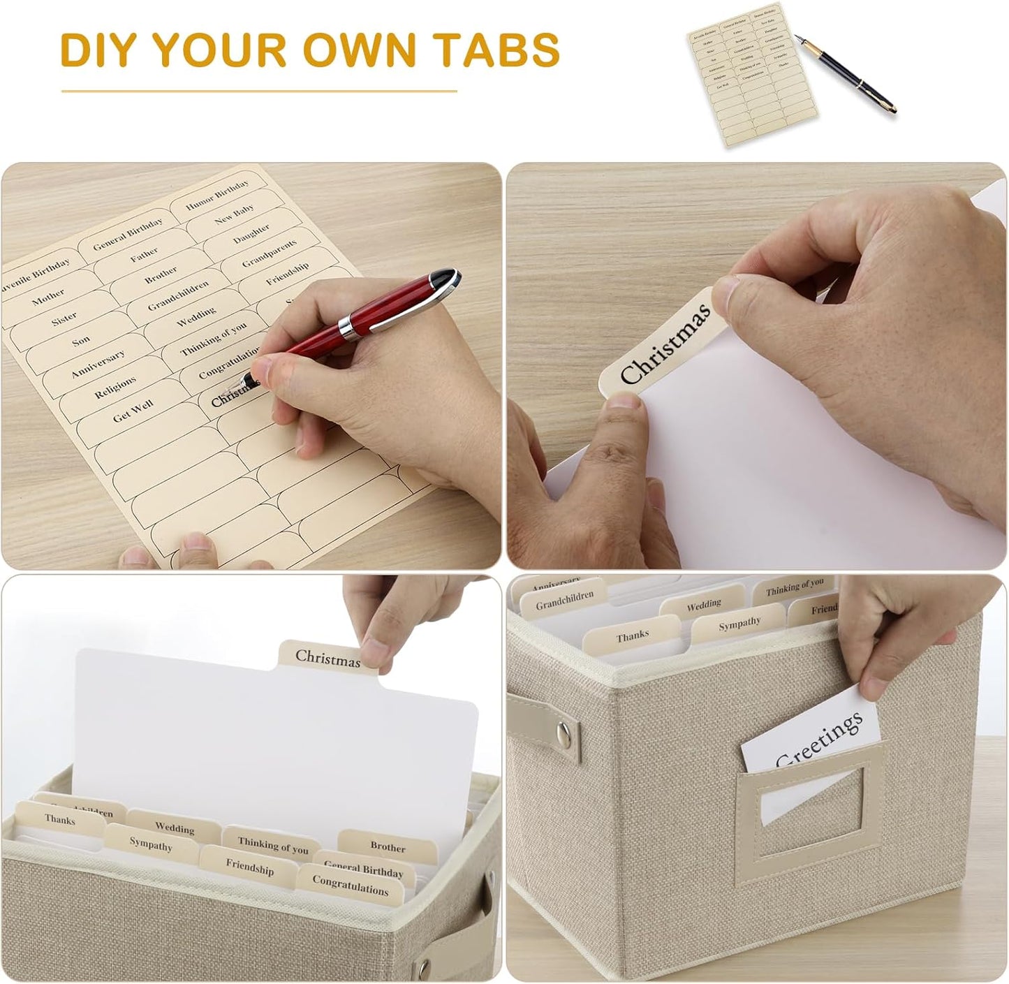 Greeting Card Organizer Box with 16 Dividers,Collapsible Greeting Card Storage Box with Handles Hold 150+ Cards,Greeting Card Holder for Greeting Cards,Sticker, Recipes, Photo, Envelope (Beige, 1 pcs)