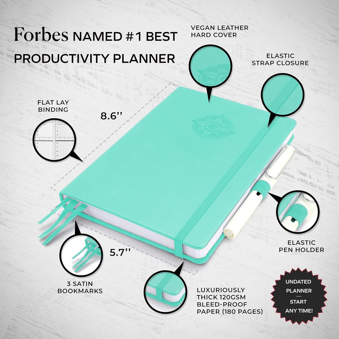 Smart Planner Pro – Undated Daily Planner – Small A5 – Achieve Goals & Increase Productivity – Weekly, Monthly, Work Sections, Organizer Diary with Back Pocket, 3 Satin Bookmarks & Pen Holder
