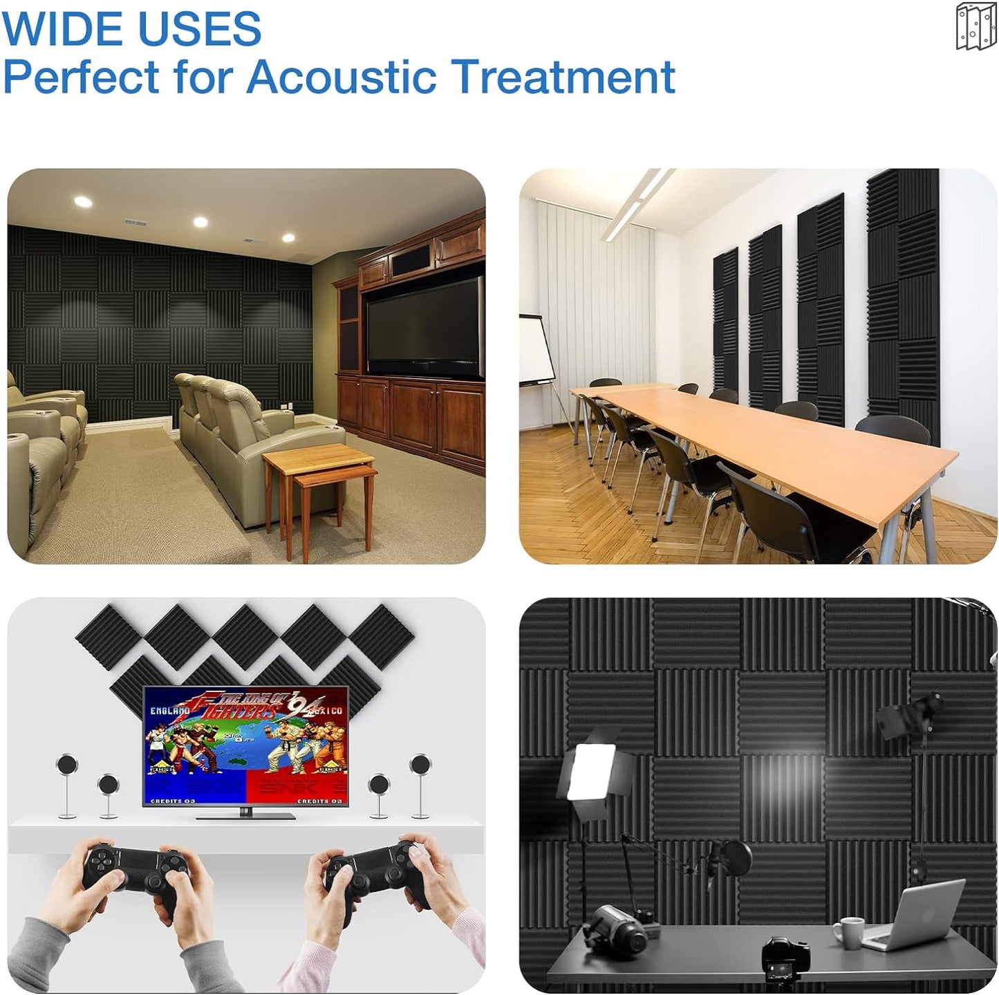 24 Pack Self-Adhesive Acoustic Panels - 1"X 12"X 12"Wall Panels - Quick-Recovery and High Density Sound Panels - Sound Proof Acoustic Foam for Home Studio - Black