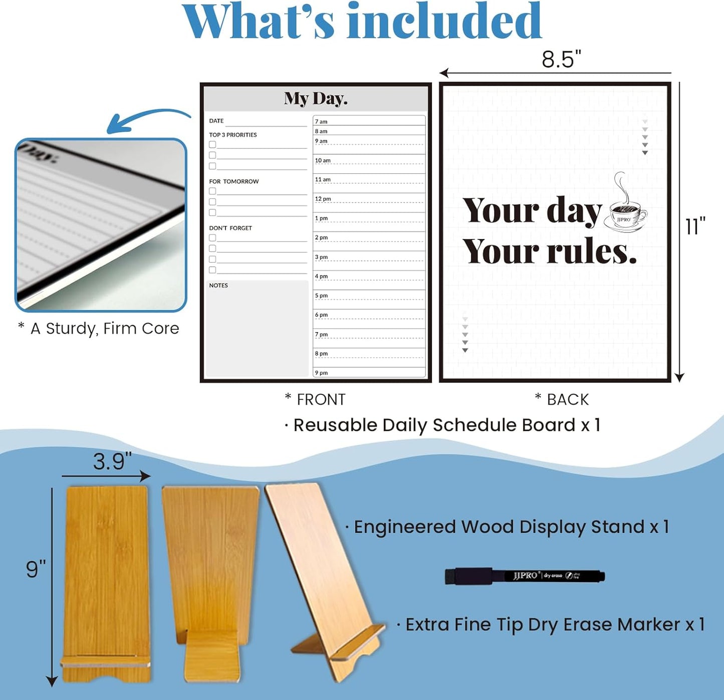 JJPRO Reusable Desktop Daily Planner with Stand,Hourly Dry Erase Board,11"x8.5" Hourly Schedule Board,Dry Erase Time Schedule with Time Slots,Reusable Desk Hourly Dry Erase Board with Detachable Engineered Wood Stand for Office, Home