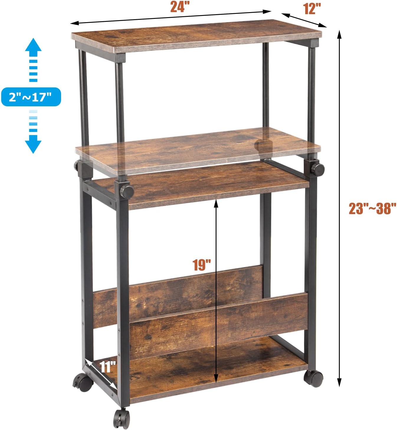 Height Adjustable Computer Tower Stand, Computer & Machine Carts, PC Tower Stand, Printer Stands with Wheels, 24" W x 12" D x 23"-38" H, Holds Up to 132 lbs (Fits Tower Lower Than 19")