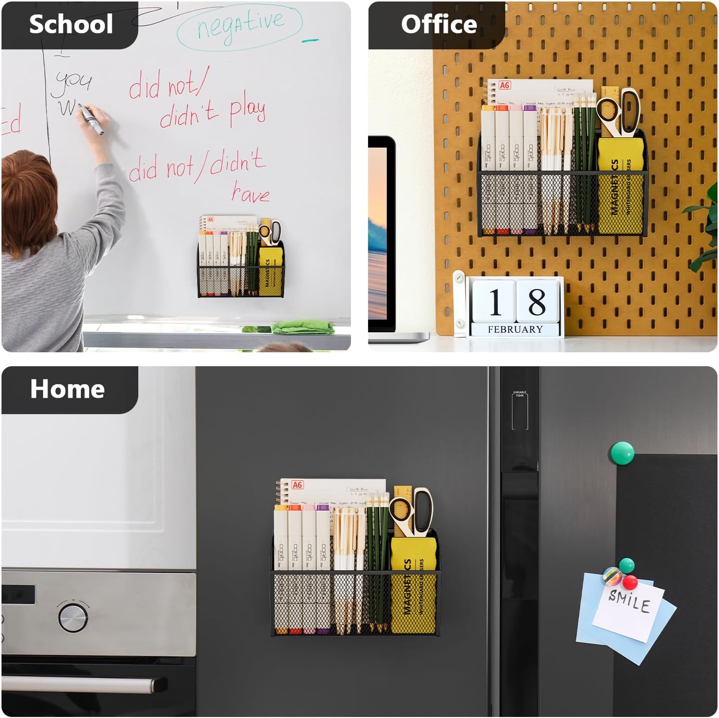 Magnetic Pencil Holder Markers Dry Erase Holder for Whiteboard 3-Grid Locker Organizer for Fridge, Home, School and Office