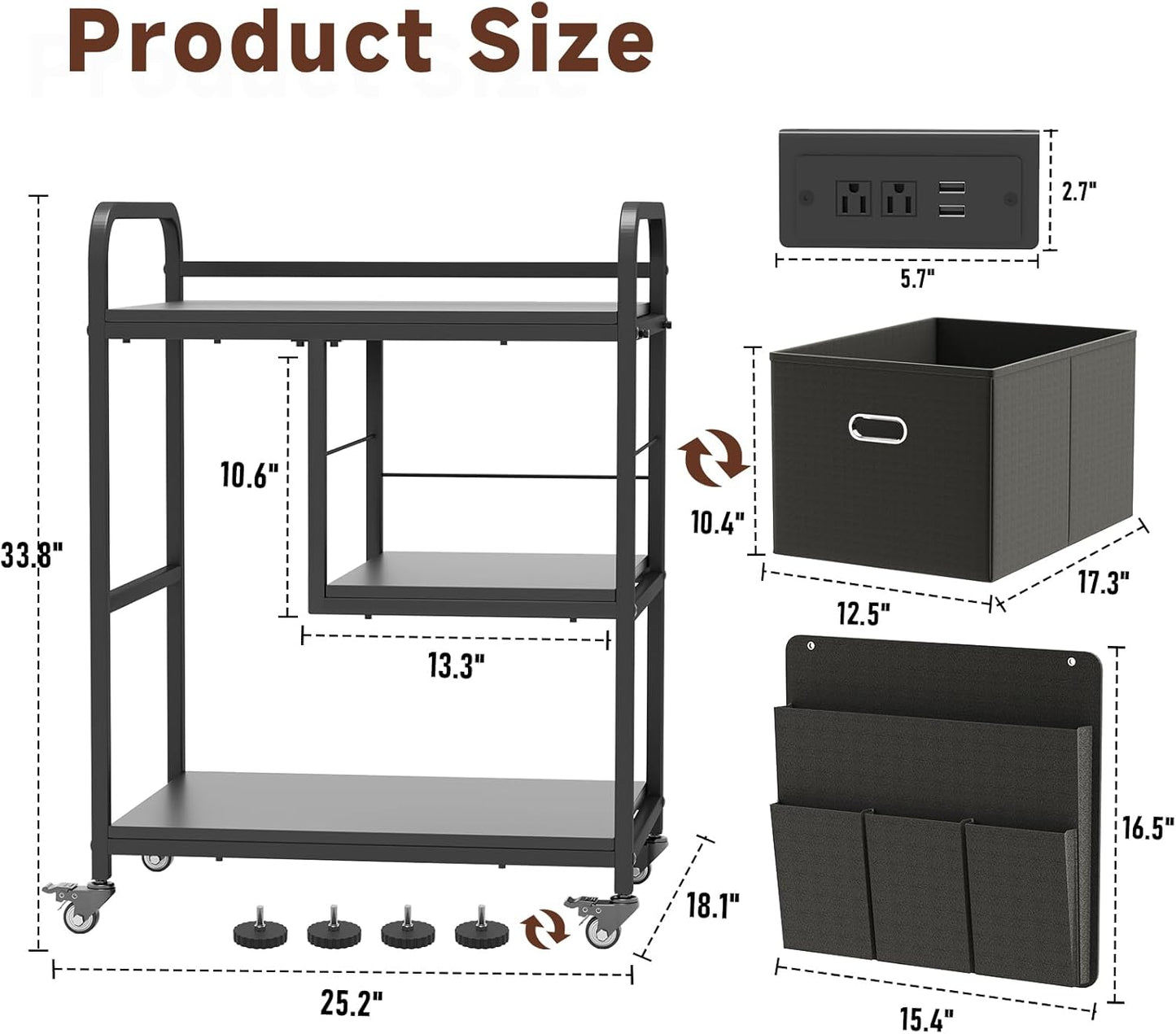 Large Printer Stand with Removable Storage Drawer, Mobile Printer Table with Charging Station for Home Office, Rolling Industrial Printer Cart with Wheels for Scanner Fax PC Tower (Black)