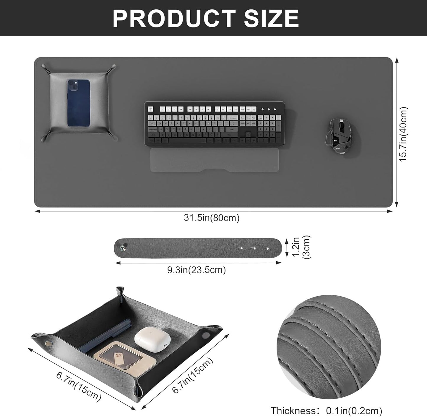 DAWNTREES Dual Sided Desk Mat,Leather Desk Pad,Cork Desk Mat Protector,with PU Leather Valet Tray Organizer,Large Mouse Pad,Desk Writing Pad for Office and Home(Dark Gray 31.5"x15.8")