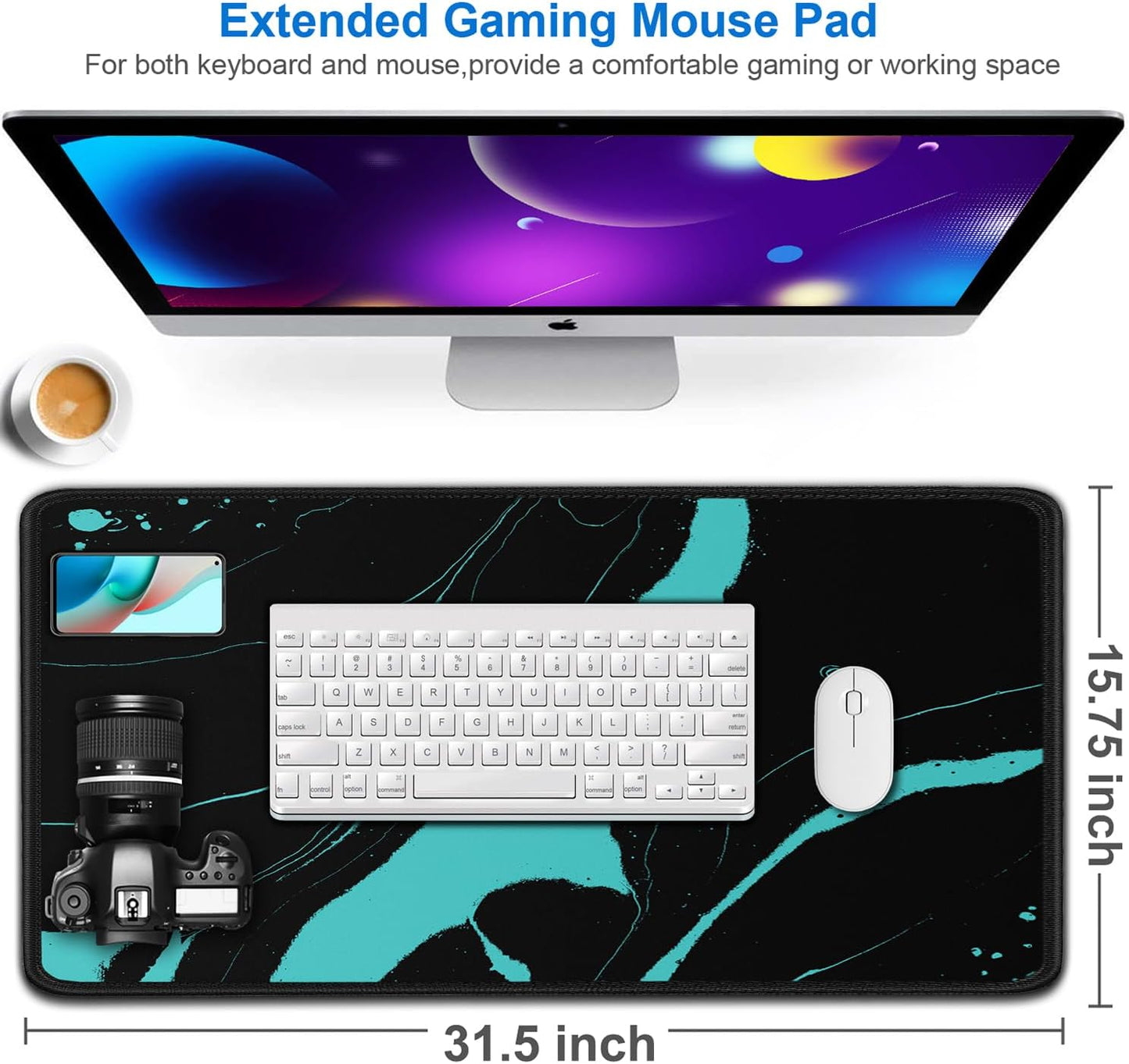 Gaming Mouse Pad, 31.5x15.7 inch Large Extended Computer Keyboard Mouse Mat, Water Resist Non-Slip Mousepad Rubber Base Long XXL Desk Mouse Pad for Work & Gaming, Office & Home, Black Blue
