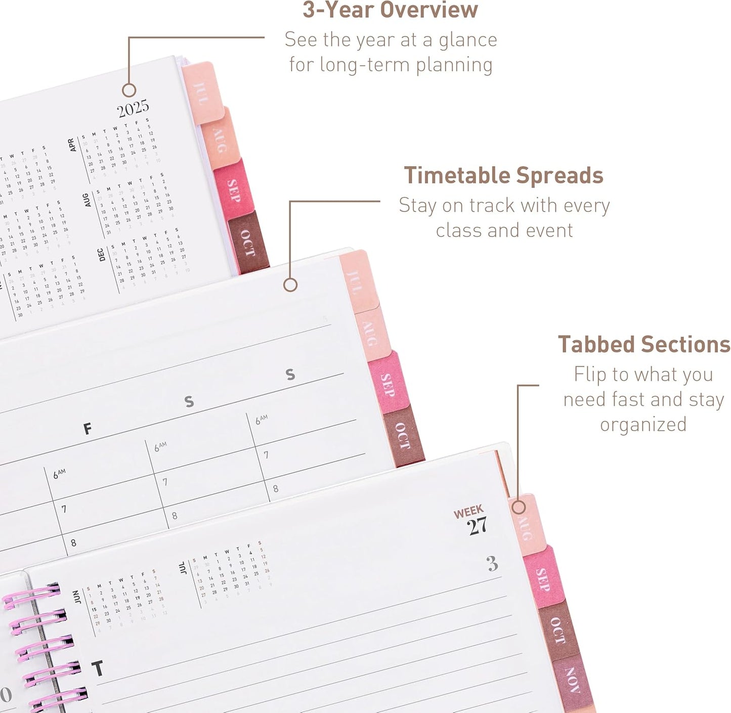 Rileys Academic Planner 2025-2026, Daily, Weekly & Monthly Planner, July 2025 - June 2026, Student Notes Pages, Twin-Wire Binding, Weekly Agenda for School & Work (8 x 6-Inches, Pink, Classic)
