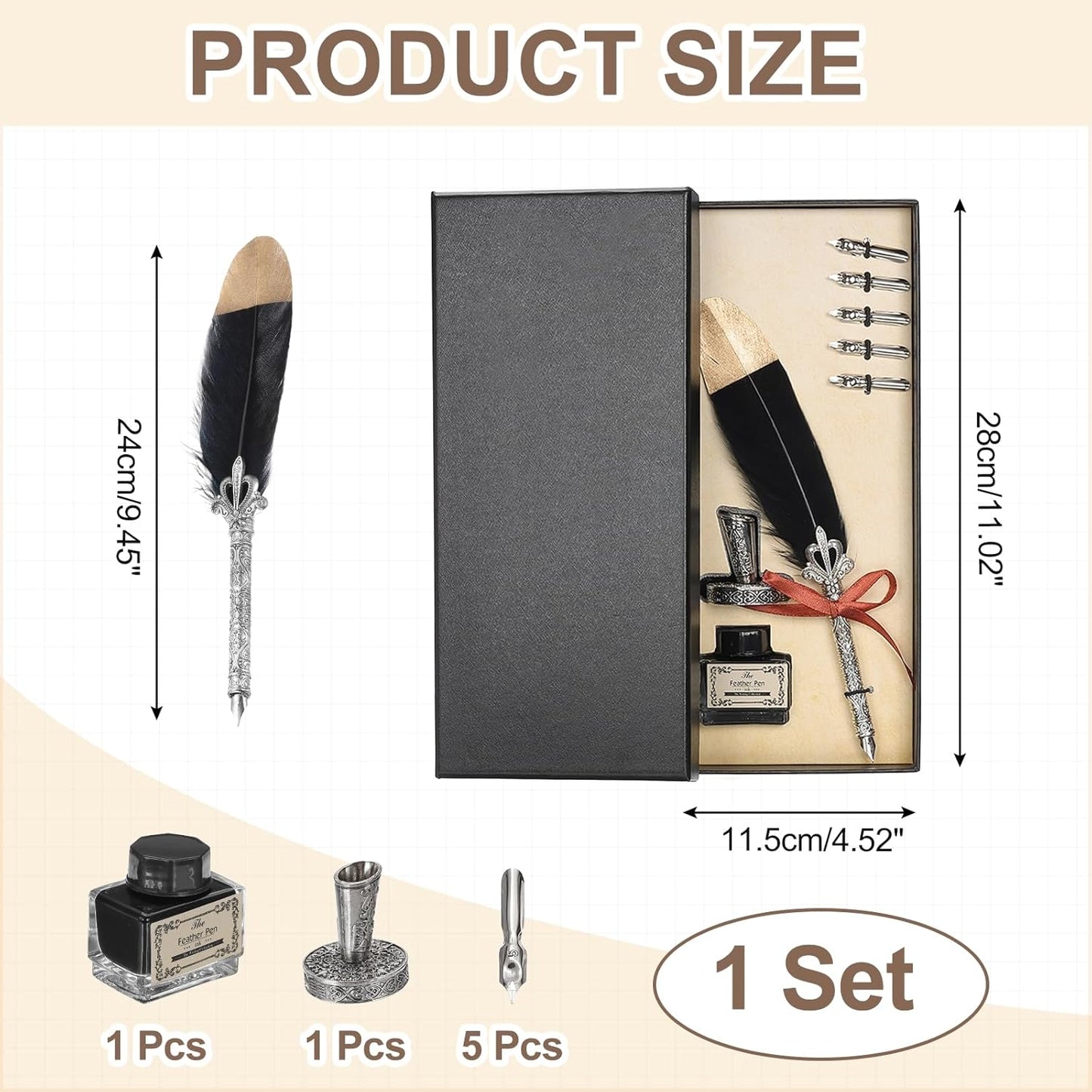 PATIKIL Feather Quill Pen Set, 1 Set Vintage Feather Calligraphy Pen Fountain Dip Pen Set with Ink, Pen Holder and Replacement Nibs for Beginner Writer Writing Gift, Black