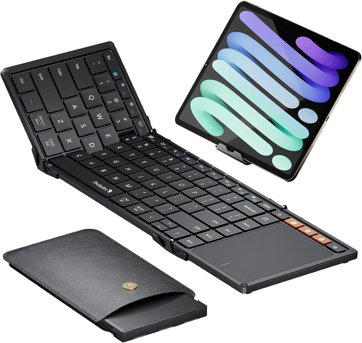 ProtoArc Foldable Keyboard with Touchpad, XK01 TP Folding Portable Keyboard, Full Size Keys, Large Trackpad Bluetooth Travel Keyboards for Laptop PC Tablet - Black
