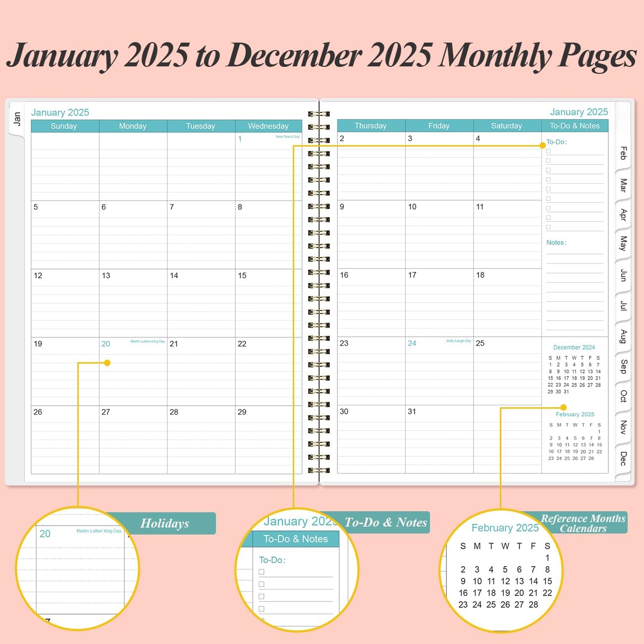 2025 Planner - Planner 2025 from January 2025 to December 2025 with 12 Monthly Tabs, Flexible Cover, Inner Pocket, 8.5" x 11", Pink