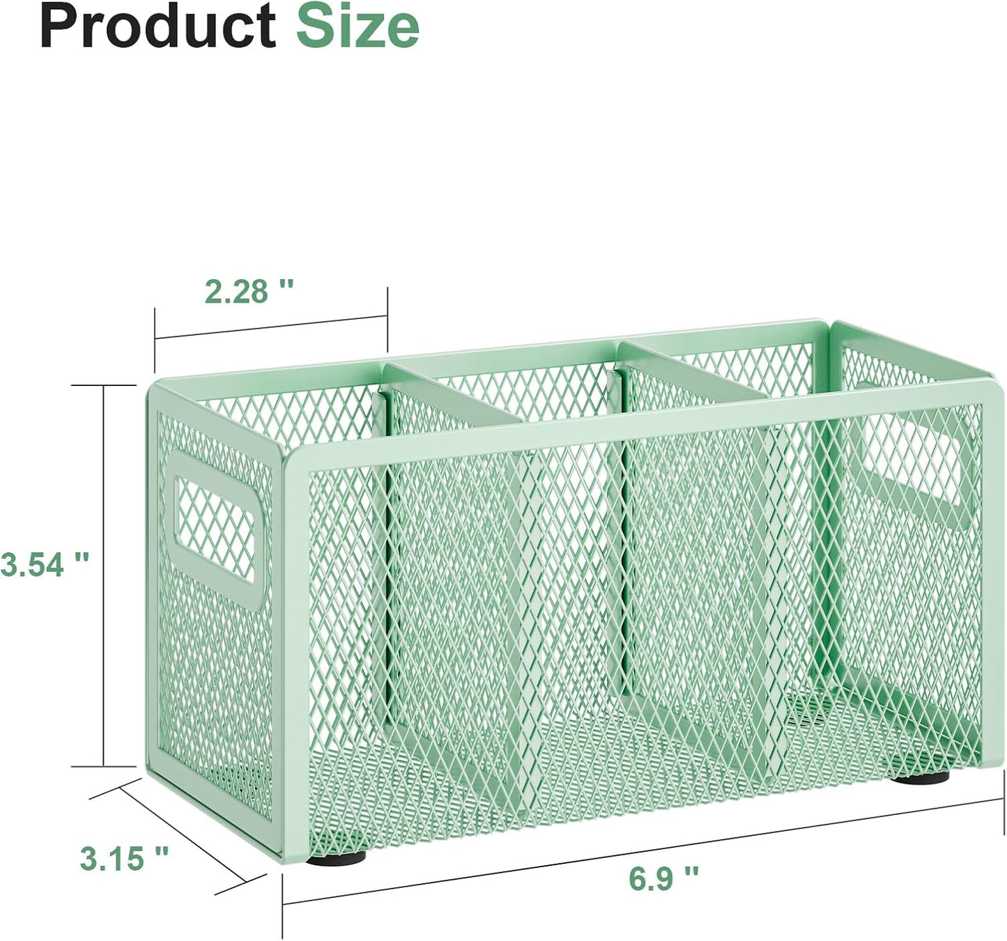 Marbrasse Mesh Pen Holder for Desk,Pencil Holder Desk Organizer 3 Adjustable Compartments,Pencil Cup with Handle Perfect for Classroom, Office, Home,Makeup,Art (Green)