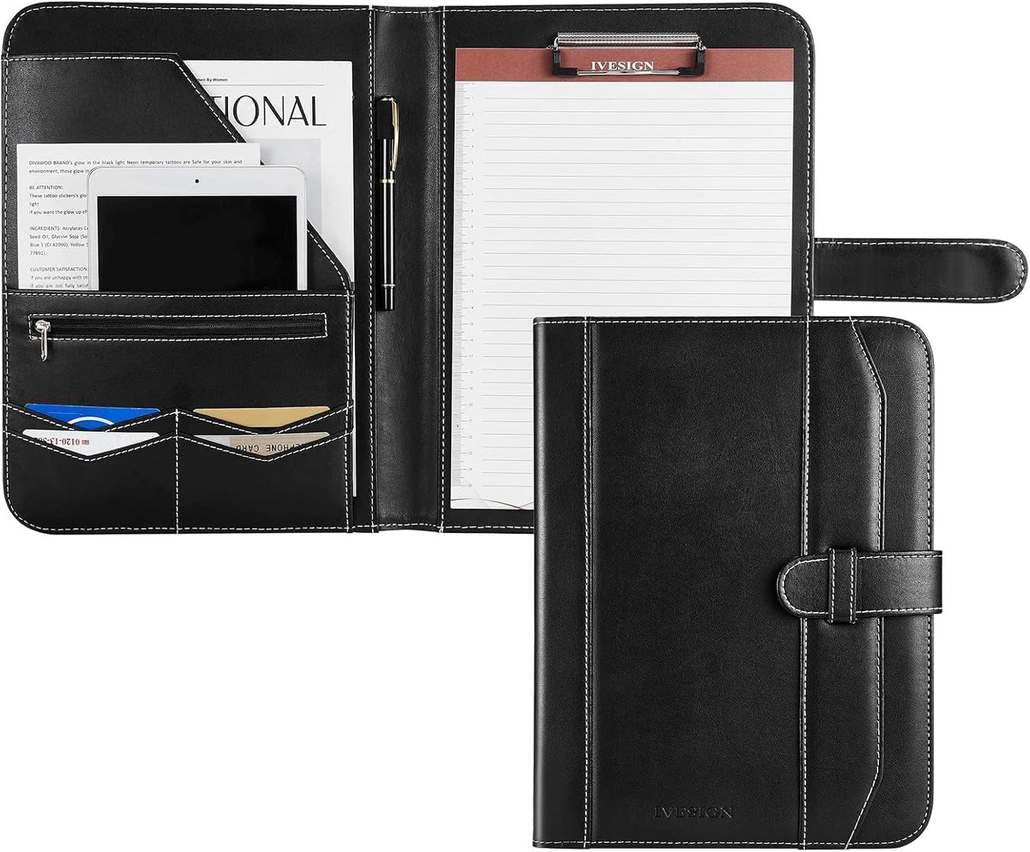 IVESIGN Leather Portfolio Notebook with Folder，Storage Clipboard with Cover for Legal Pad Holder Letter Size A4 Writing Pad for Business School Office Resume Conference Notepad Clip Boards(Black)