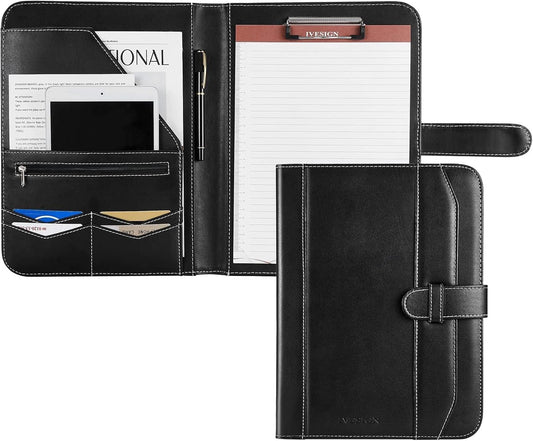 IVESIGN Leather Portfolio Notebook with Folder，Storage Clipboard with Cover for Legal Pad Holder Letter Size A4 Writing Pad for Business School Office Resume Conference Notepad Clip Boards(Black)