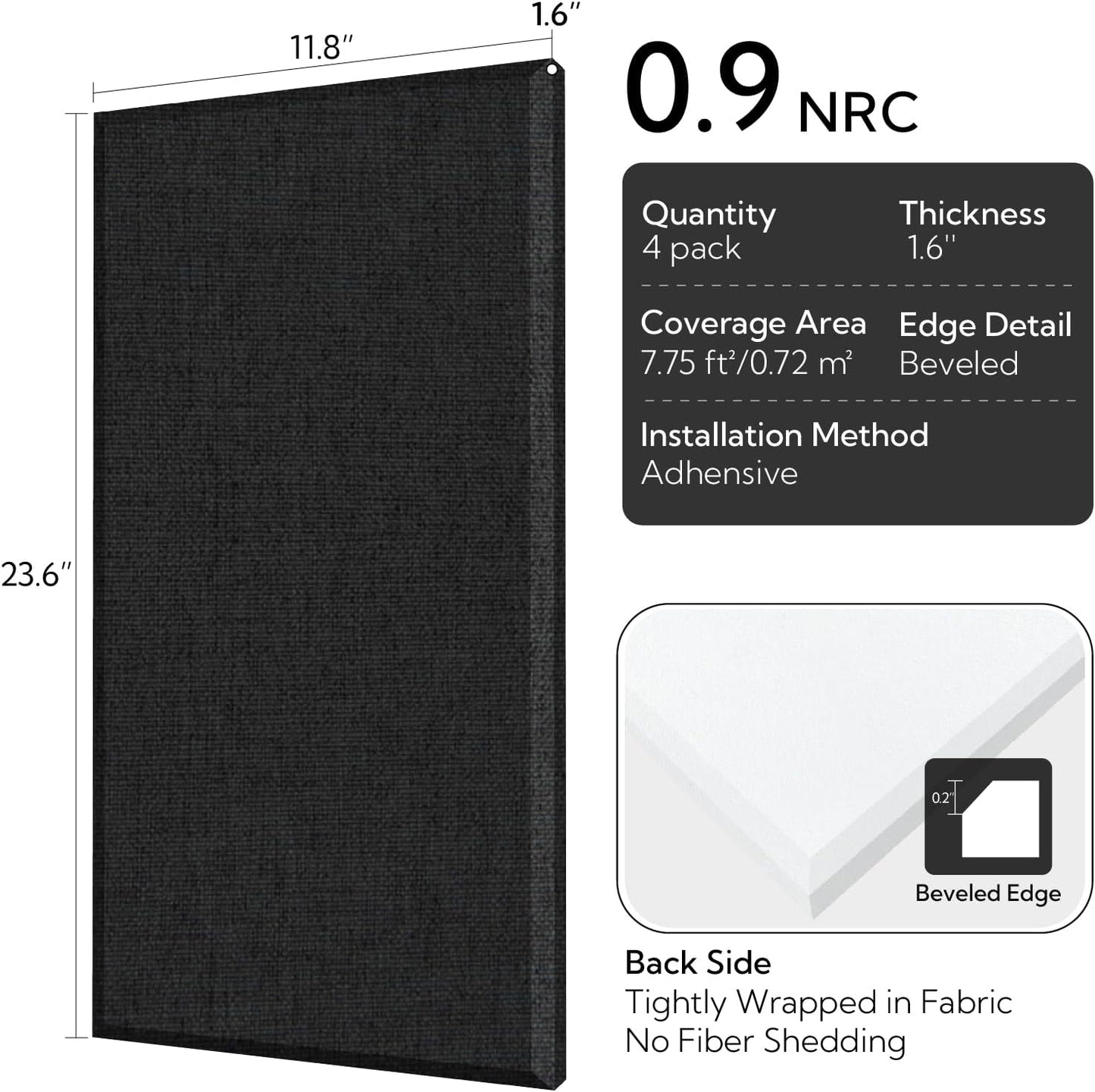 Olanglab Fiberglass Acoustic Wall Panels 4 Pack, 11.8'' x 23.6'' Sound Panels, Fabric Wrapped Sound Proof Panels for Walls (Black)