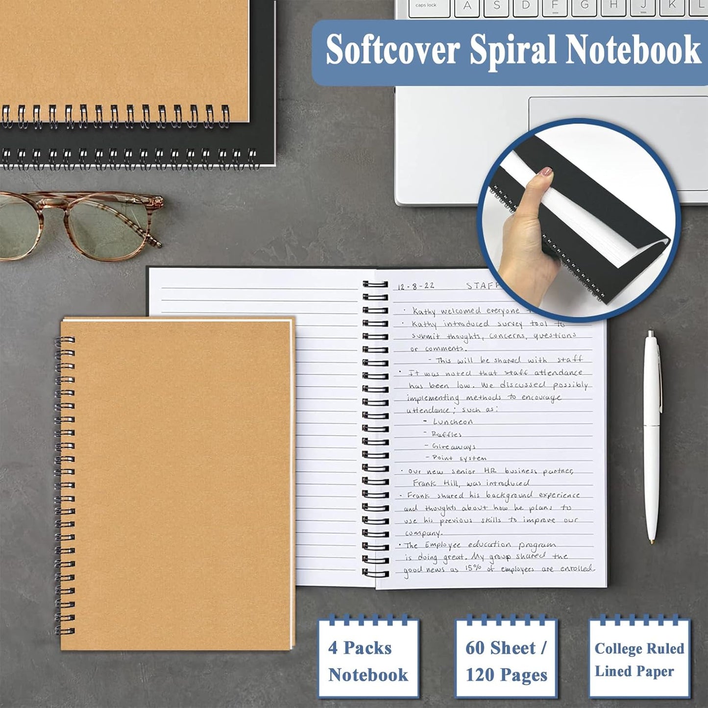 GINMLYDA Small Spiral Notebook A5, 2Pack 120 Lined Pages 8.25x5.5 Inches Spiral Journal Kraft Cover Notebooks & Writing Pads for School Home Office Aesthetic Sketch Drawing Note