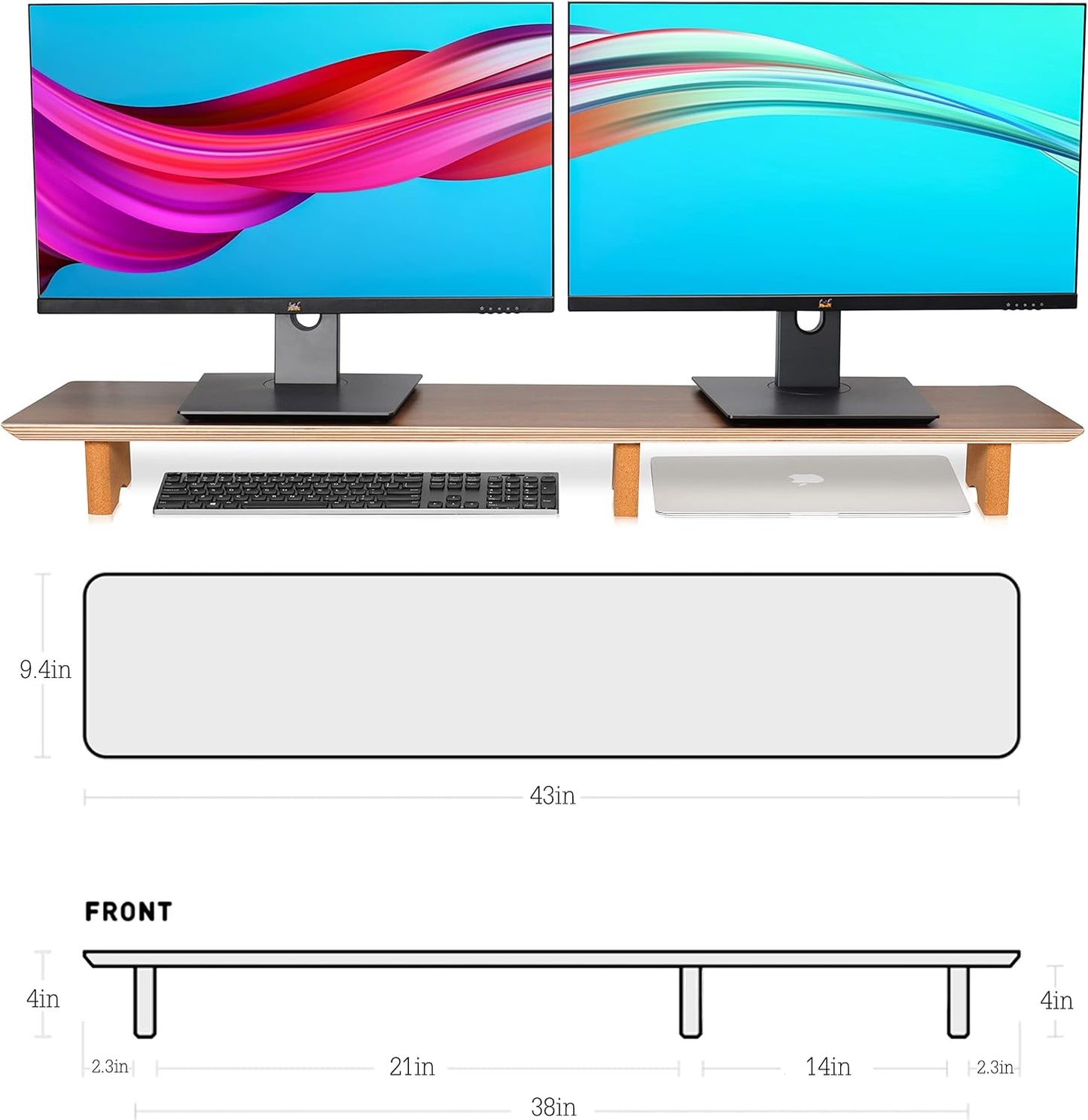 Aothia Large Dual Monitor Stand Riser, Solid Wood Desk Shelf with Eco Cork Legs for Laptop Computer/TV/PC/Printers, Perfect Desktop Stands Organizer with Underneath Storage for Office Accessories