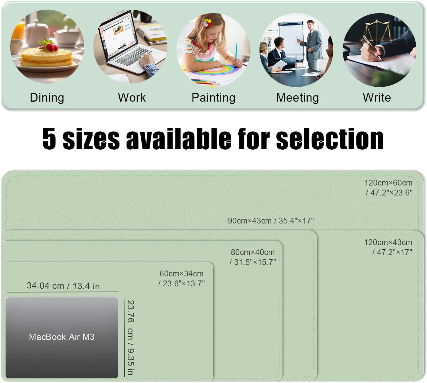 BLESWIN Large Desk Pad, 47.2'' x 23.6'', Office Desk Mat, Computer Mat for Desk, Leather Desk Pad Protector, Sewing Desk Blotter, Desktop Writing Pad for Office/Home/Decor Light Green